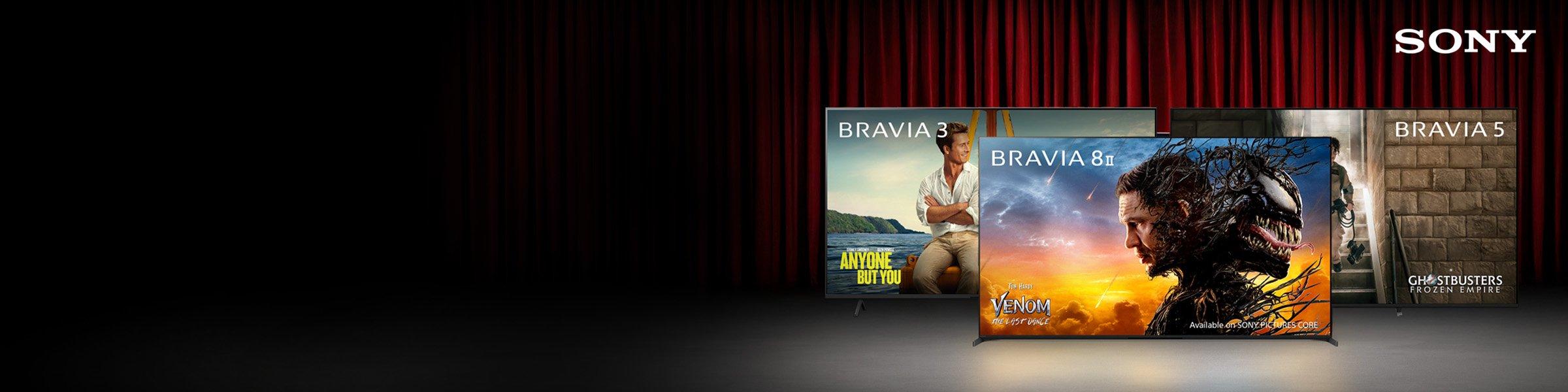 bravia tvs lineup on red theater curtain backdrop emphasizing a home theater experience