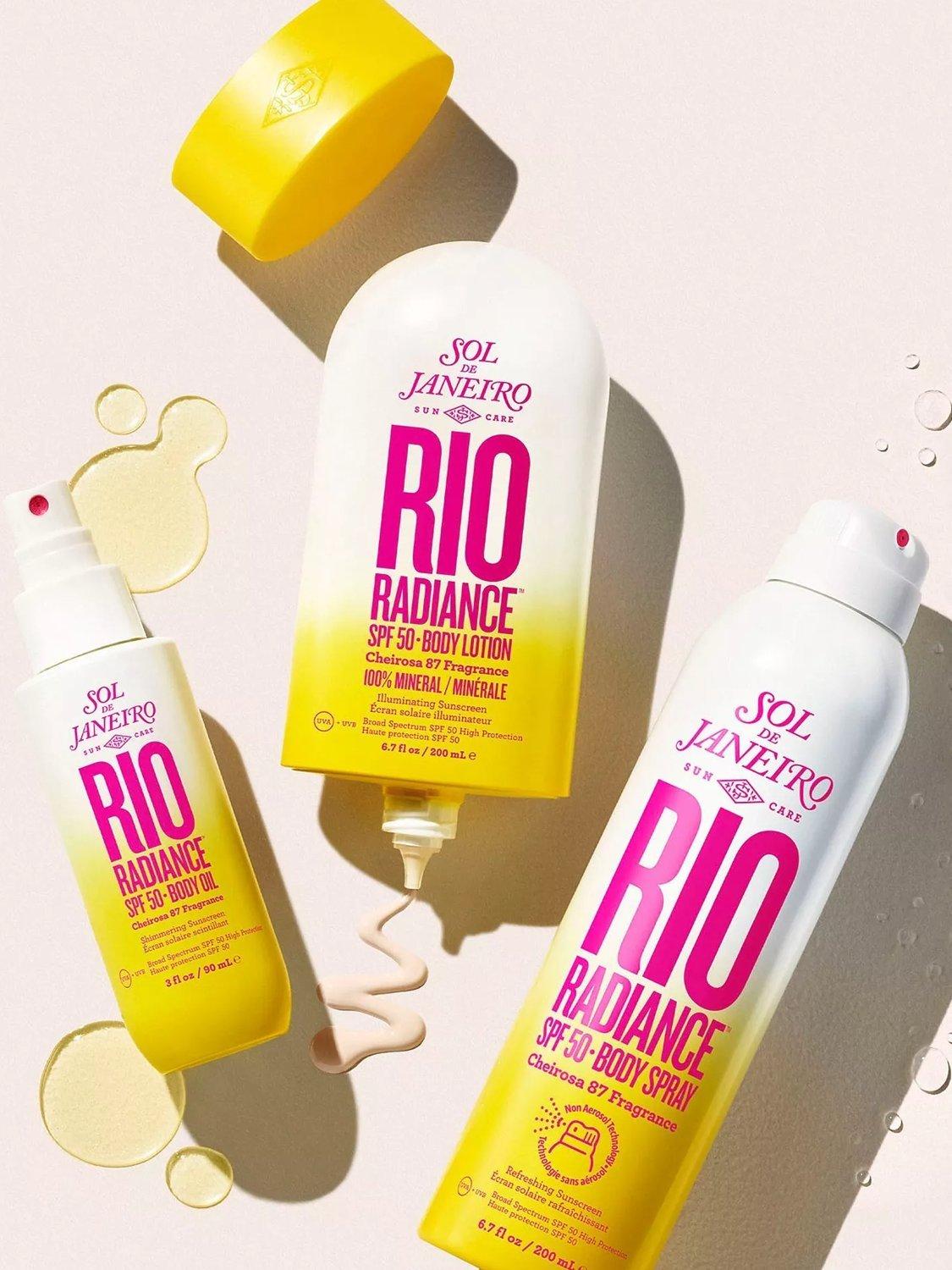 various bottles of Sol de Janeiro on a beige background