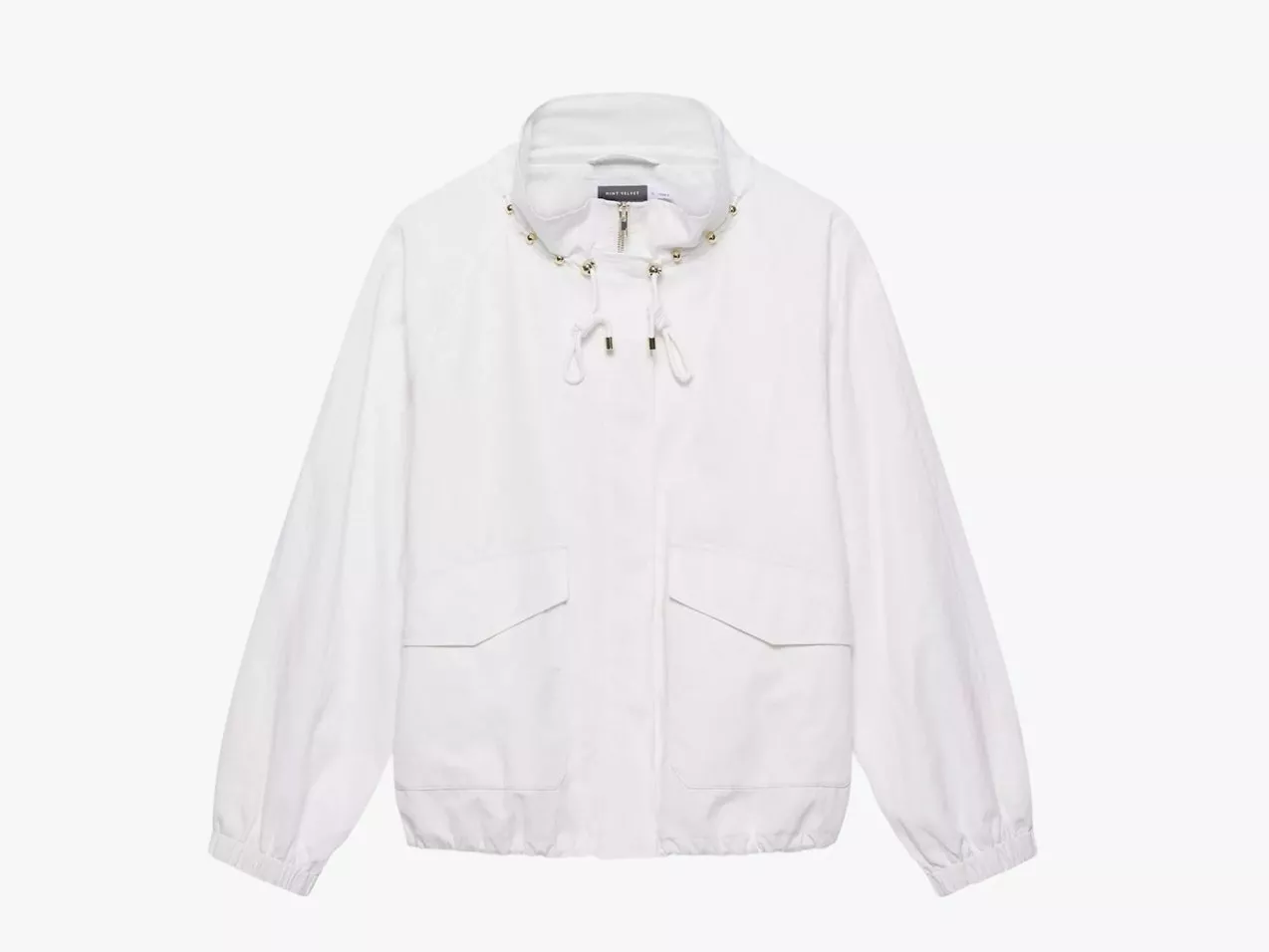 White lightweight hooded jacket with zip front, drawstring collar and large flap pockets on a plain background