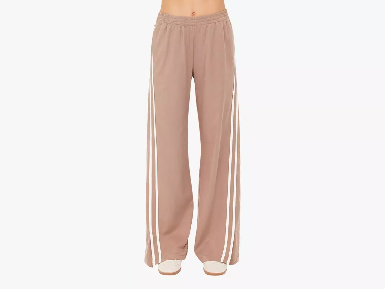 Women's taupe wide-leg track trousers with white side stripes, elastic waist,