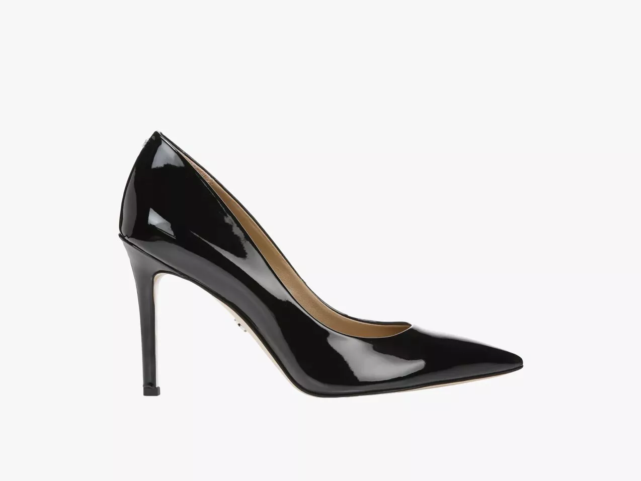 Black patent leather stiletto court shoe with pointed toe