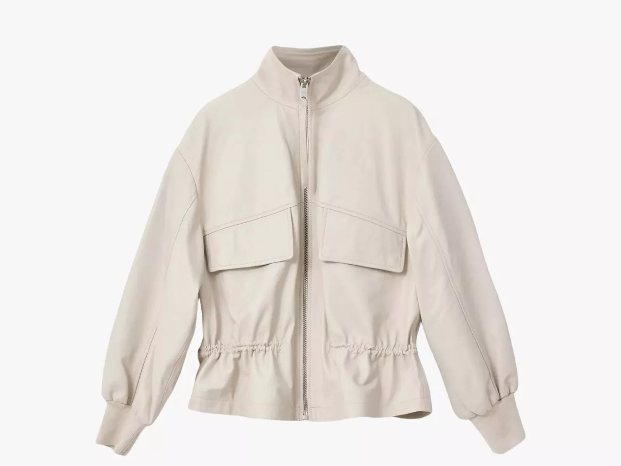 Cream zip-up jacket with high collar, flap chest pockets and elasticated waist, studio product photo
