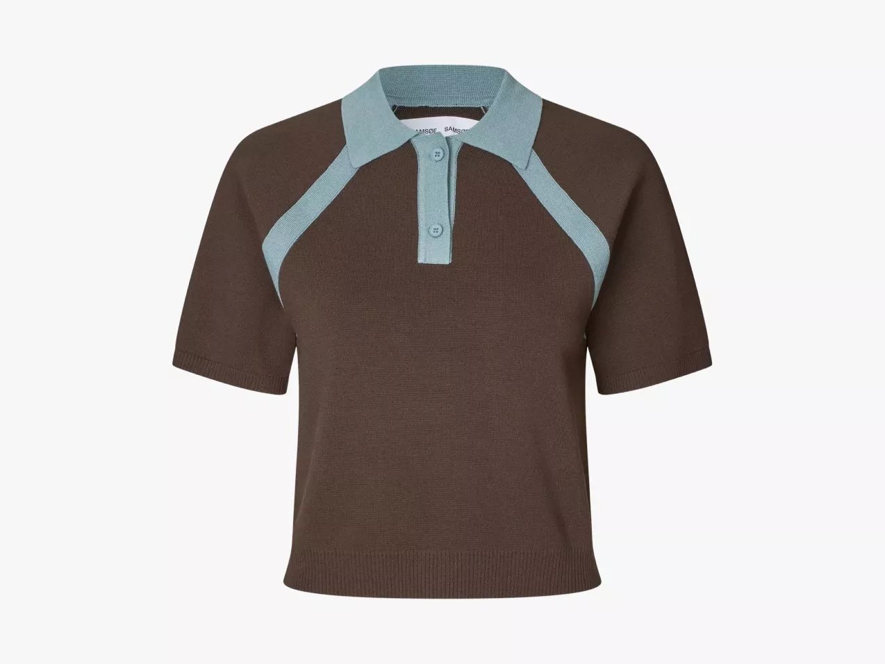 Brown knit short-sleeve polo shirt with light blue collar, placket and raglan trim, front view on white background