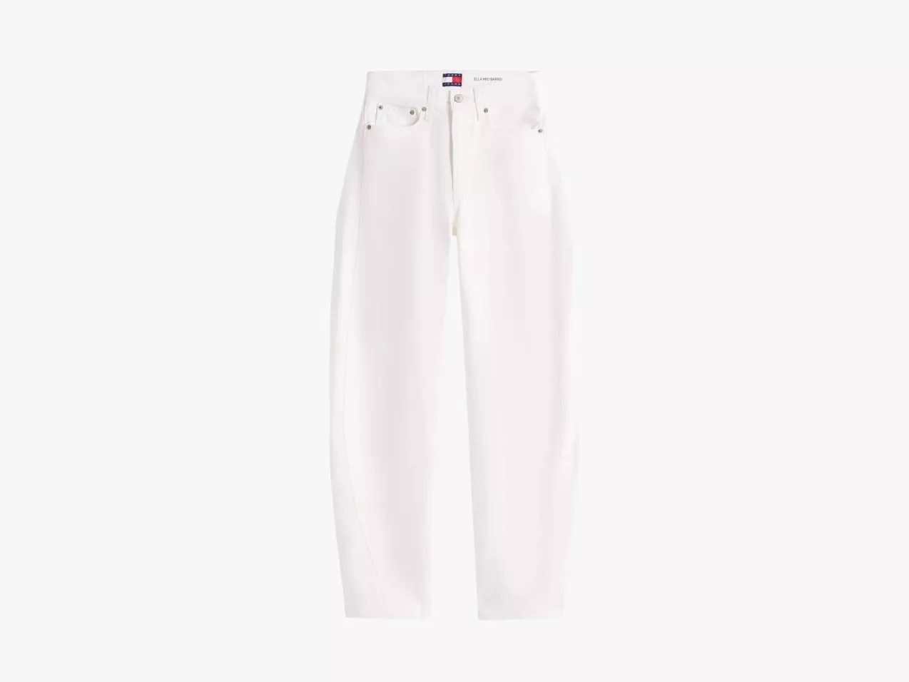 White high-waisted wide-leg jeans with five-pocket design, front zip and button, on a plain background