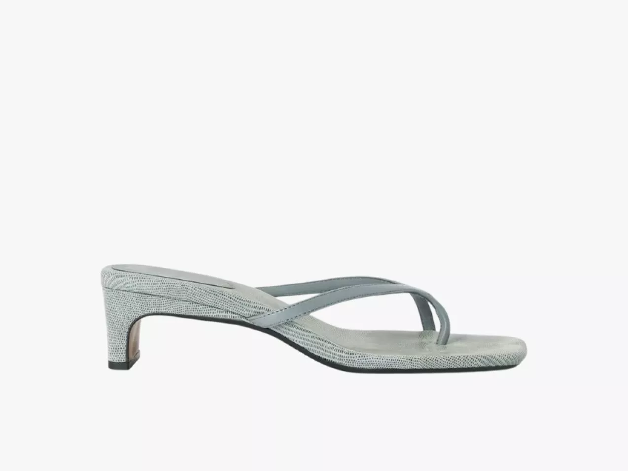 Grey heeled flip-flop sandal with textured finish and mid block heel, side view on a white background