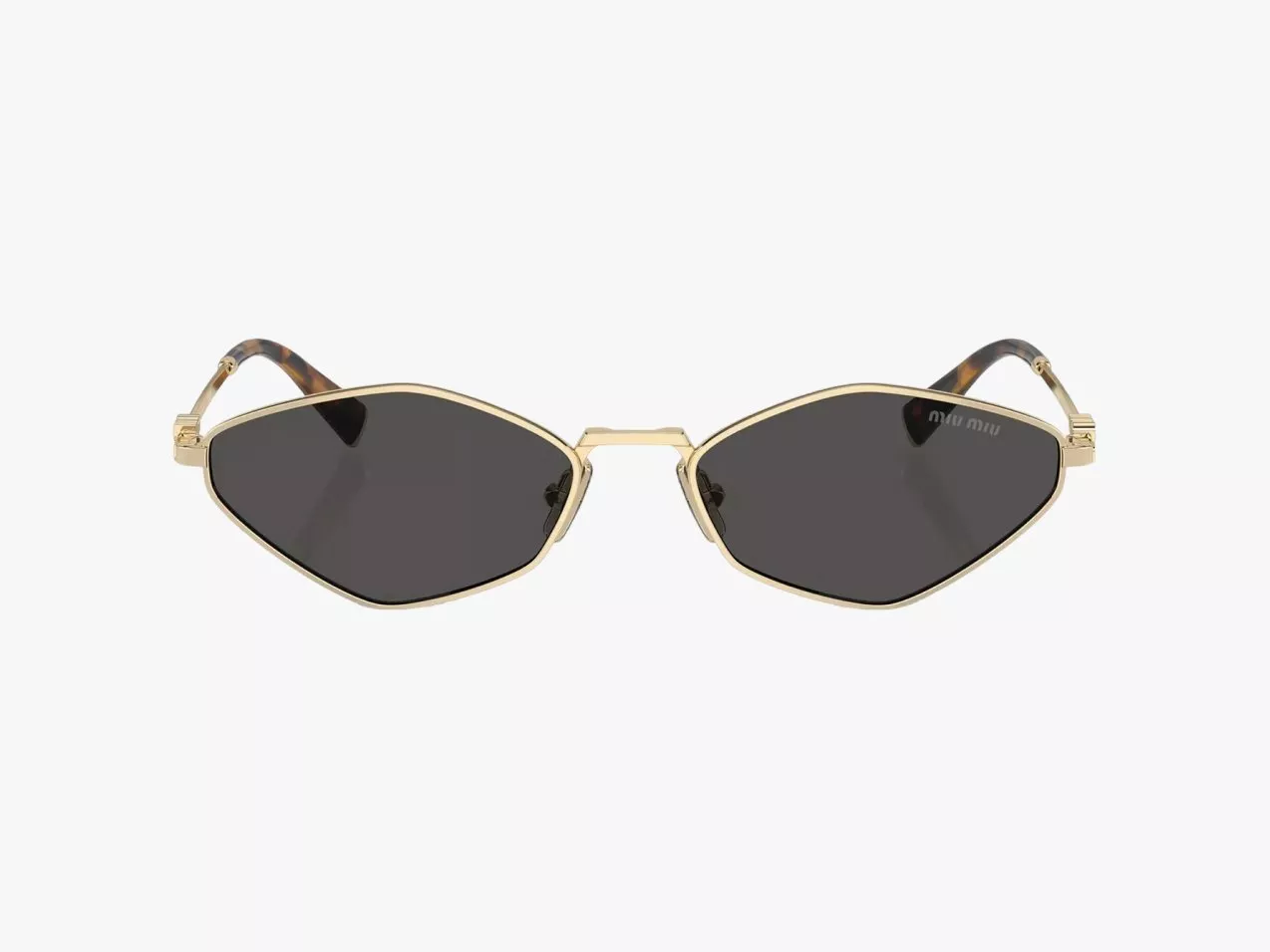 Gold-tone oval sunglasses with dark lenses and tortoiseshell arms, front view on a clean white background