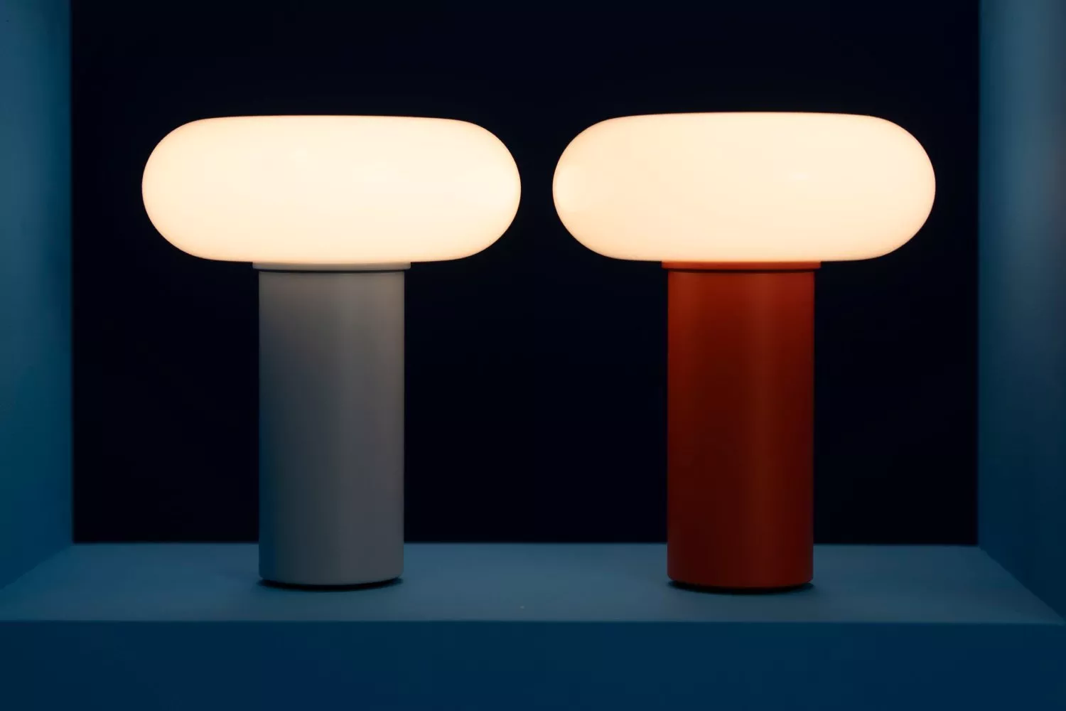 Two modern table lamps with oval shades, one grey and one terracotta, glowing on a blue shelf background