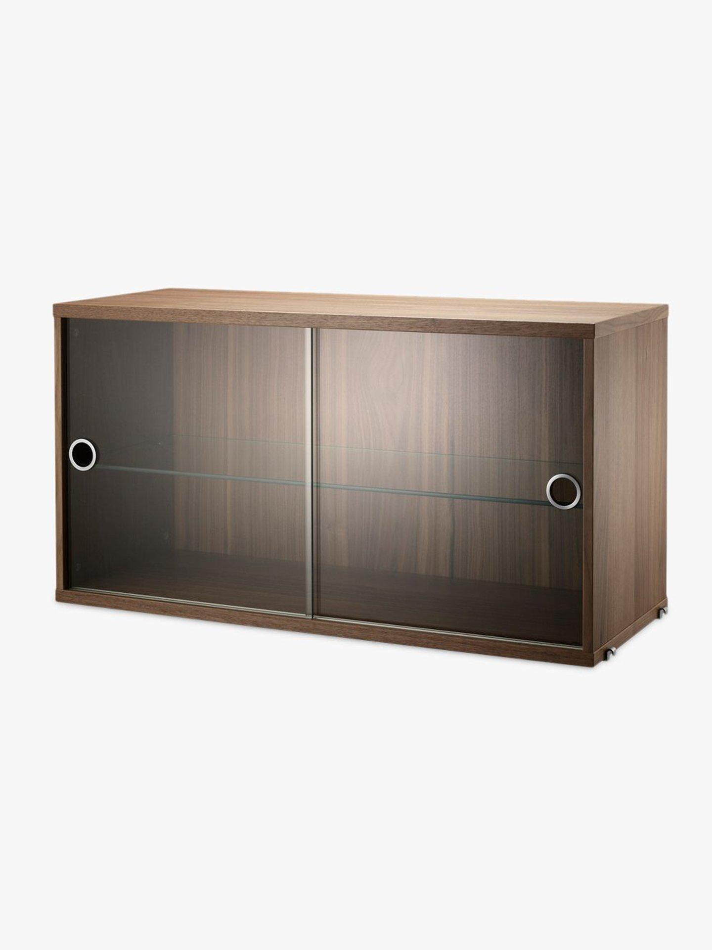 string Storage Cabinet Section with Glass Sliding Doors, Walnut