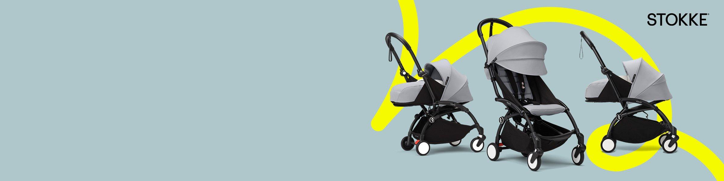 Three stroke yoyo grey baby strollers on a light blue background with yellow curved lines.