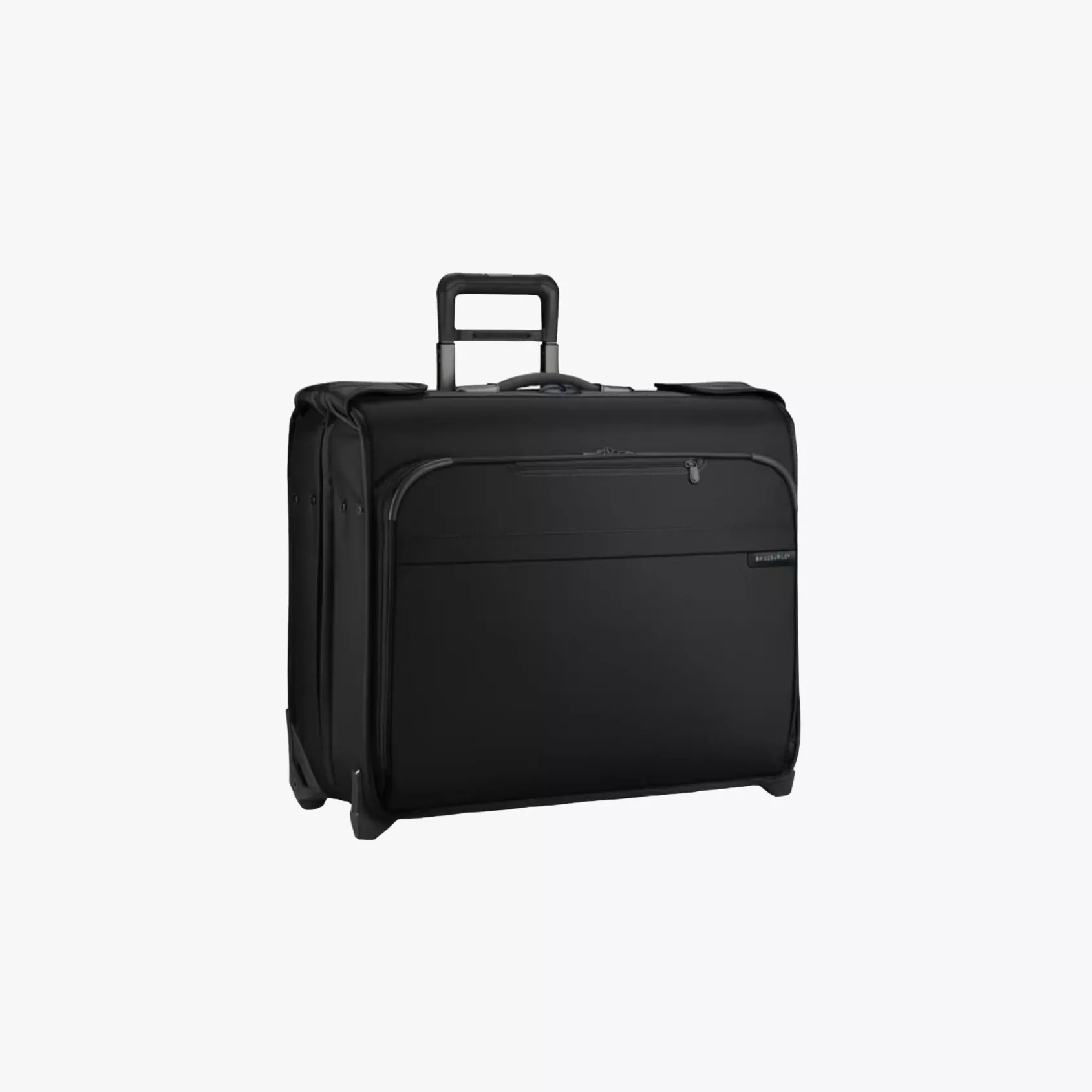 Black wheeled garment bag with telescopic handle, zip pocket and business travel luggage design on white background
