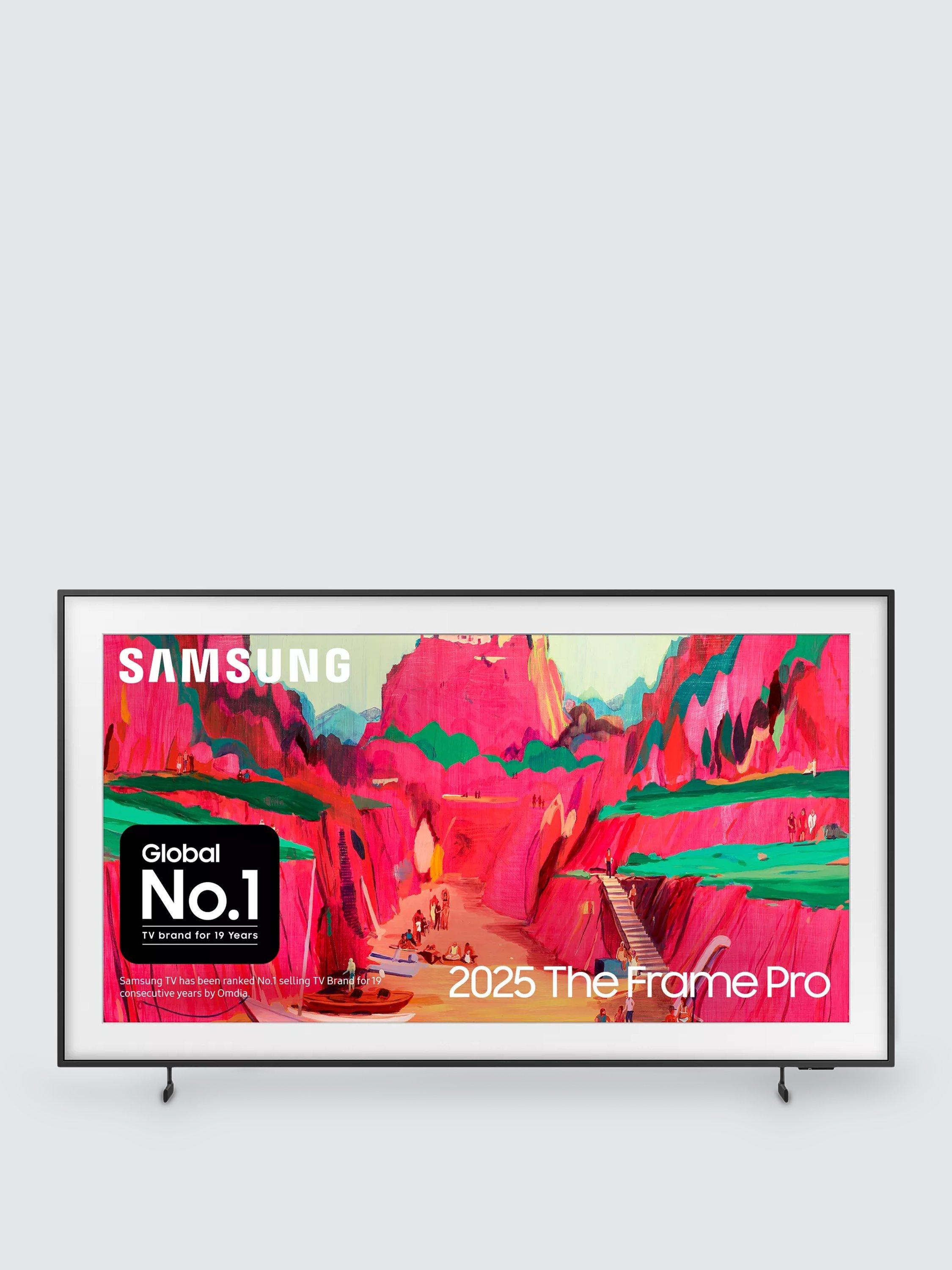 a Samsung The Frame Pro (2025) Neo QLED Mini LED Art Mode Smart AI TV, 75 inch on a grey background