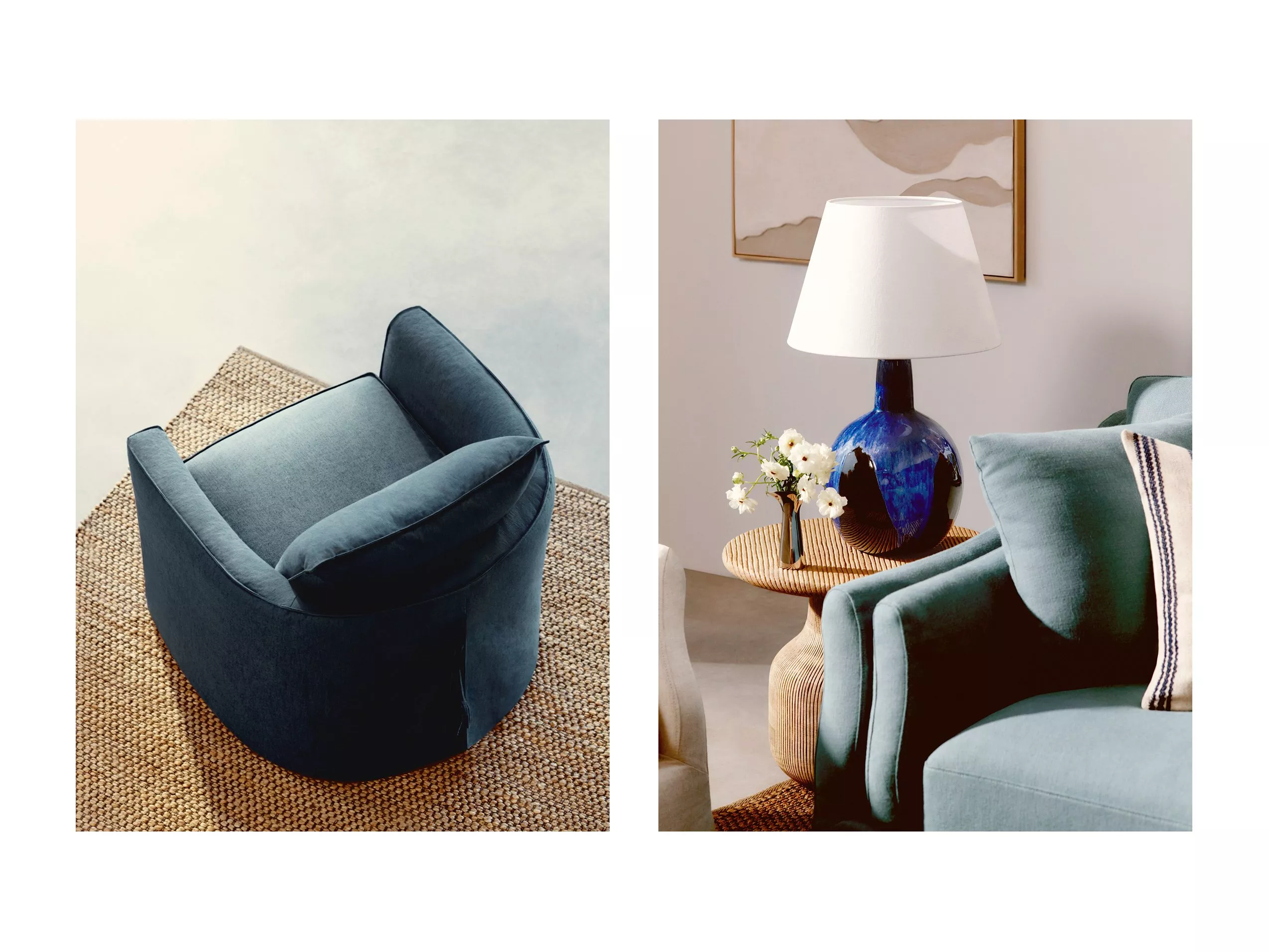 Modern living room featuring a plush blue armchair on a textured rug, paired with a stylish lamp and floral decor.