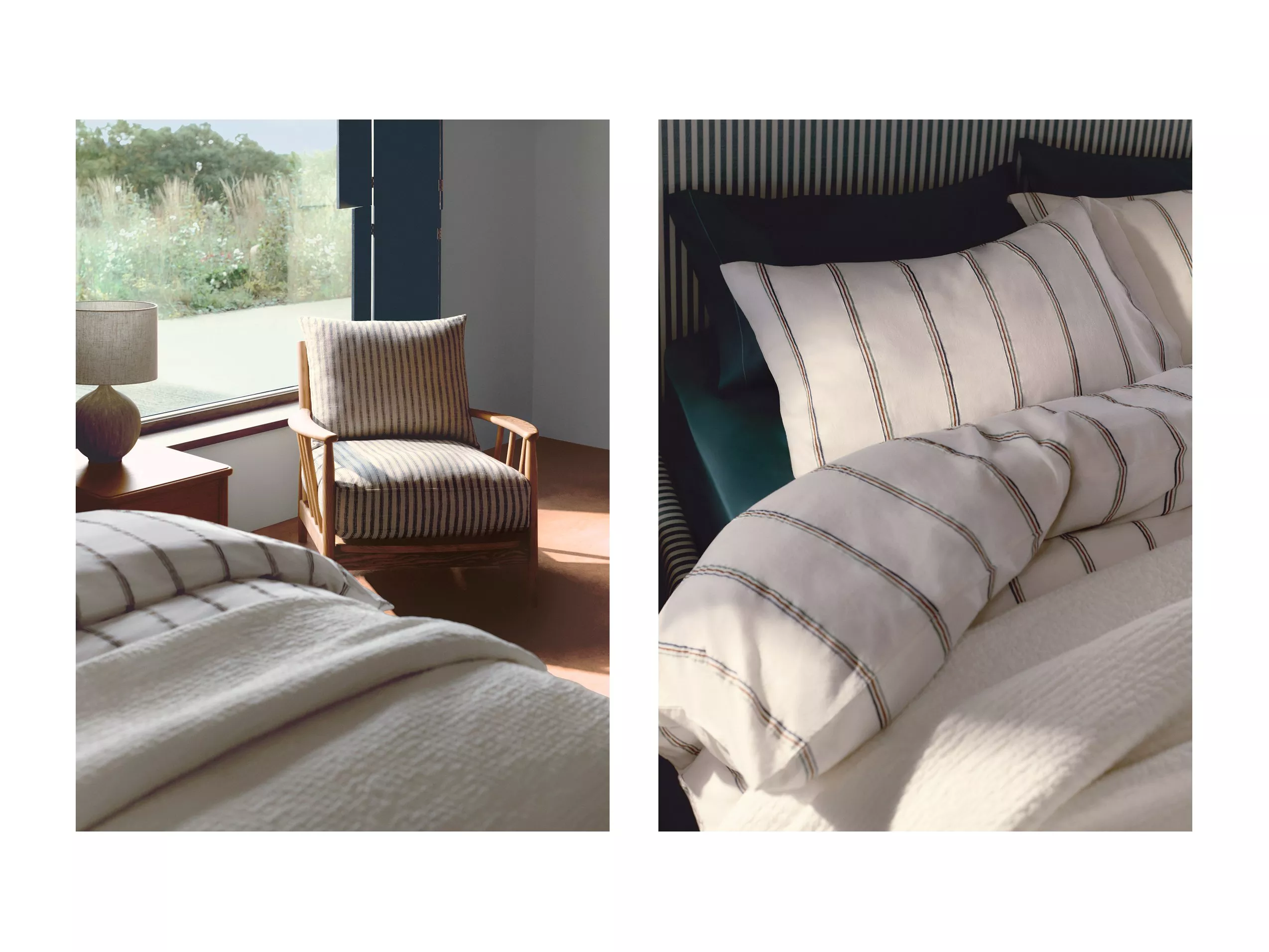 Modern bedroom with striped bedding and chair, featuring a large window and wooden furniture. Cosy and stylish decor.