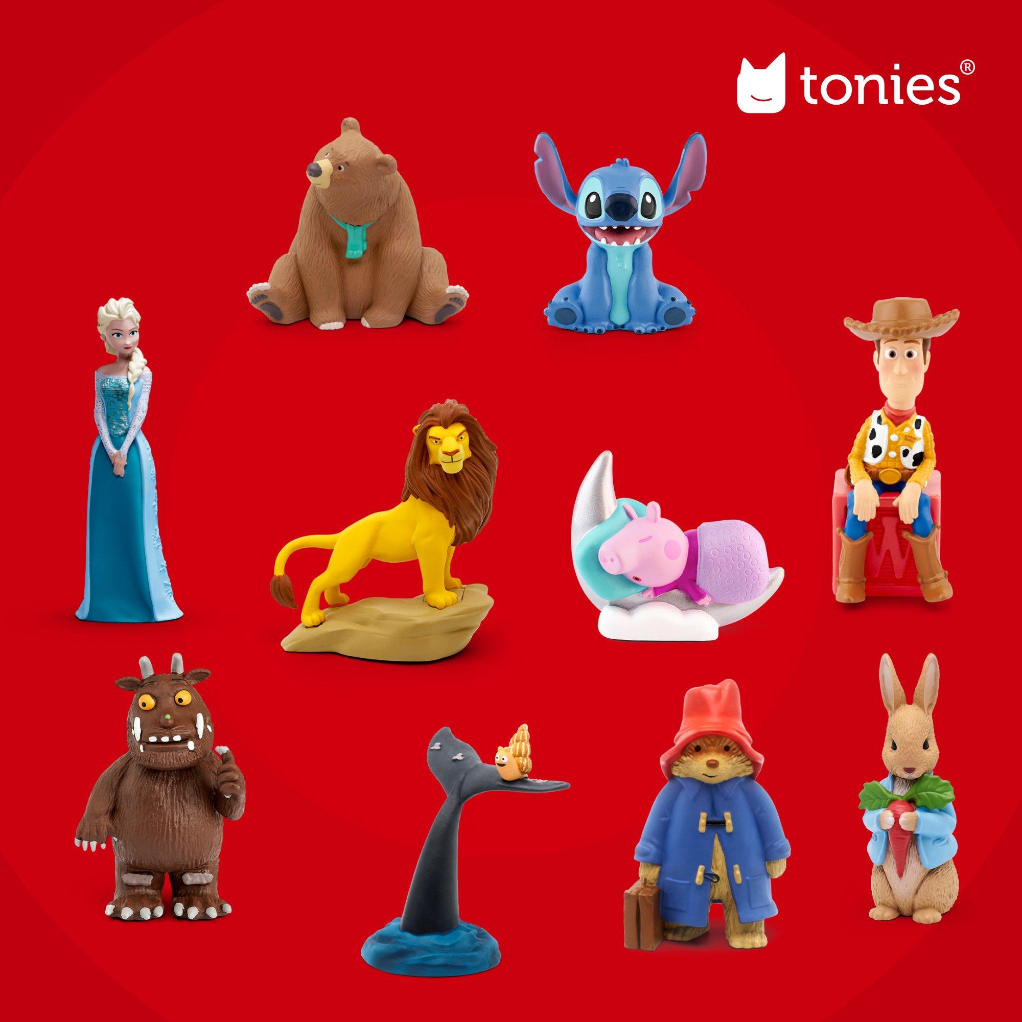Figurines of popular animated characters like Elsa, Simba, Woody, Stitch, Peppa Pig, and Paddington Bear displayed on a red background