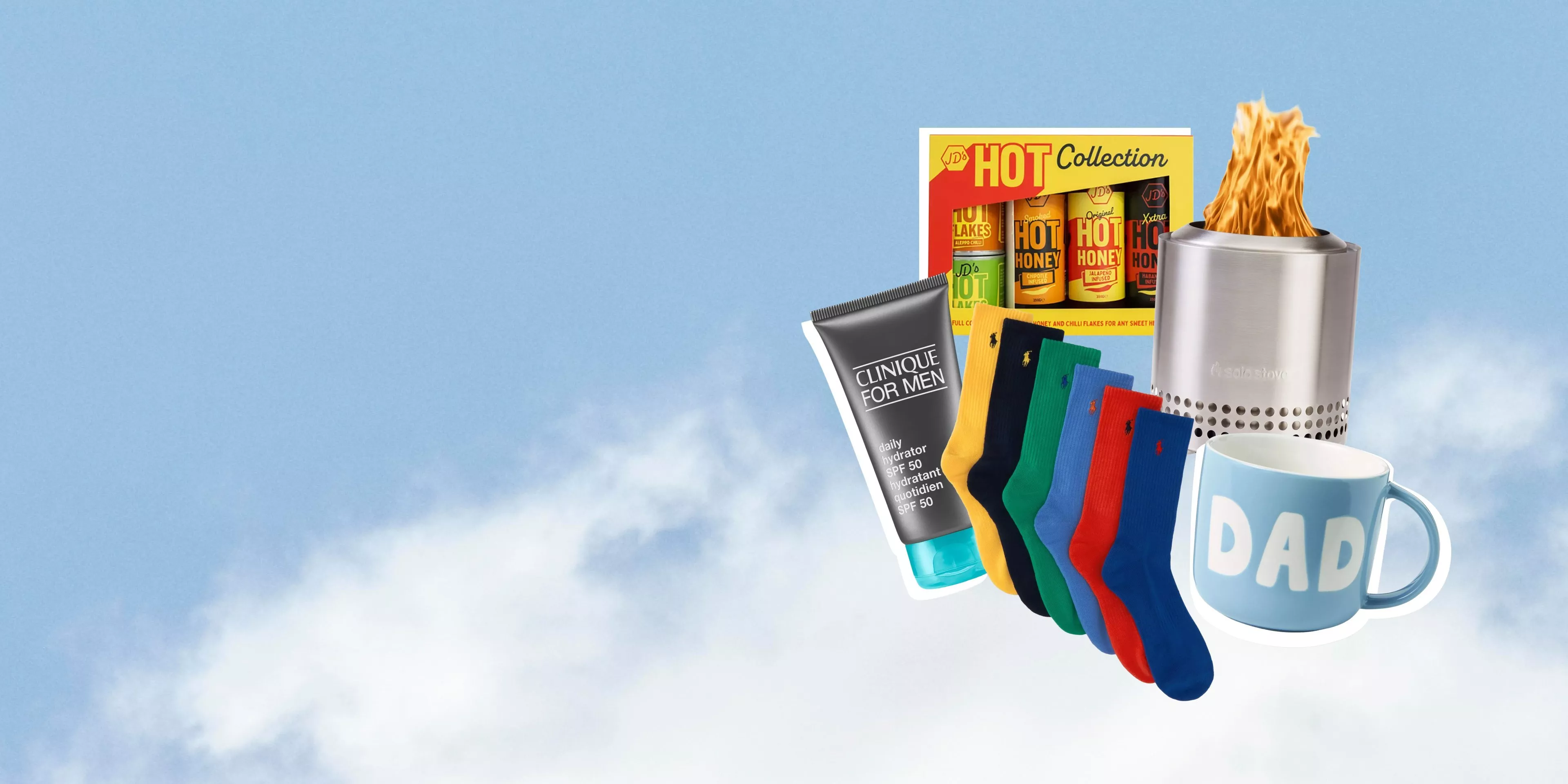 Father’s Day gift set with socks, “DAD” mug, men’s moisturiser, hot sauce collection and fire pit outdoors