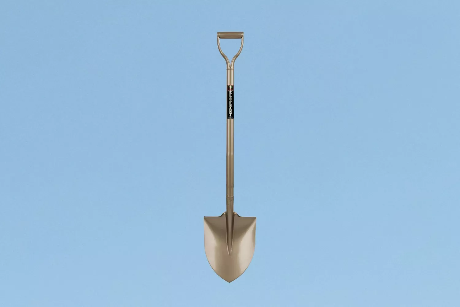 Stainless steel garden spade with D-handle, full-length shaft and pointed blade on a blue background