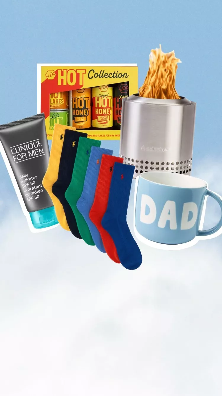 Father’s Day gift set with hot sauce collection, colourful socks, men’s moisturiser, mini stove and Dad mug