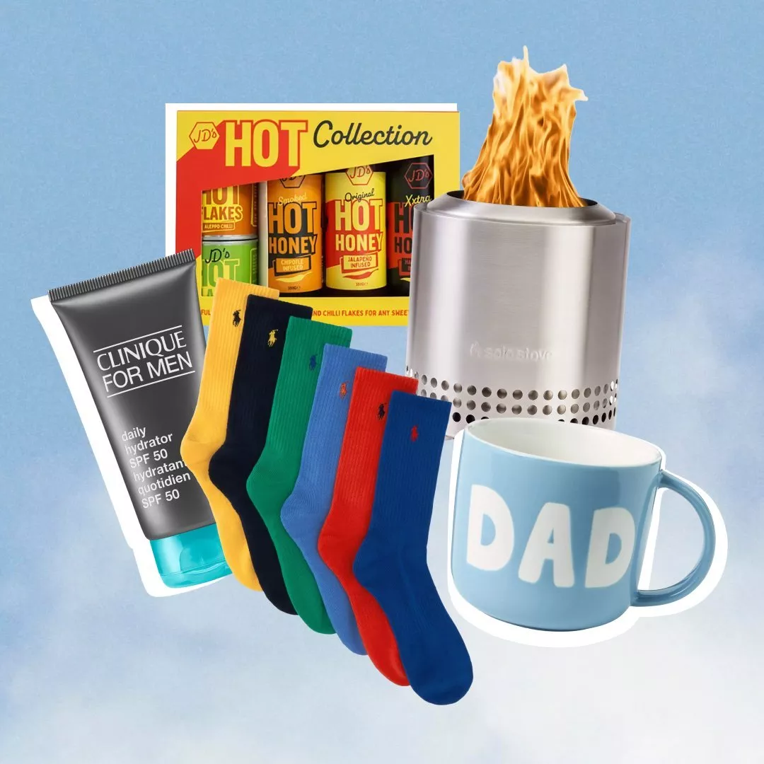 Father’s Day gift set with DAD mug, colourful socks, hot sauce pack, mini fire pit and men’s moisturiser tube