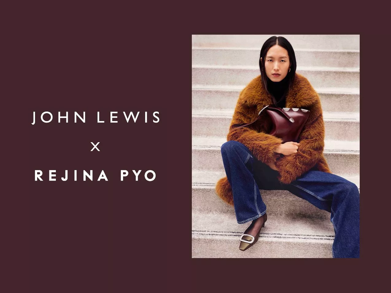 Female model sat on steps wearing a burnt orange fur coat