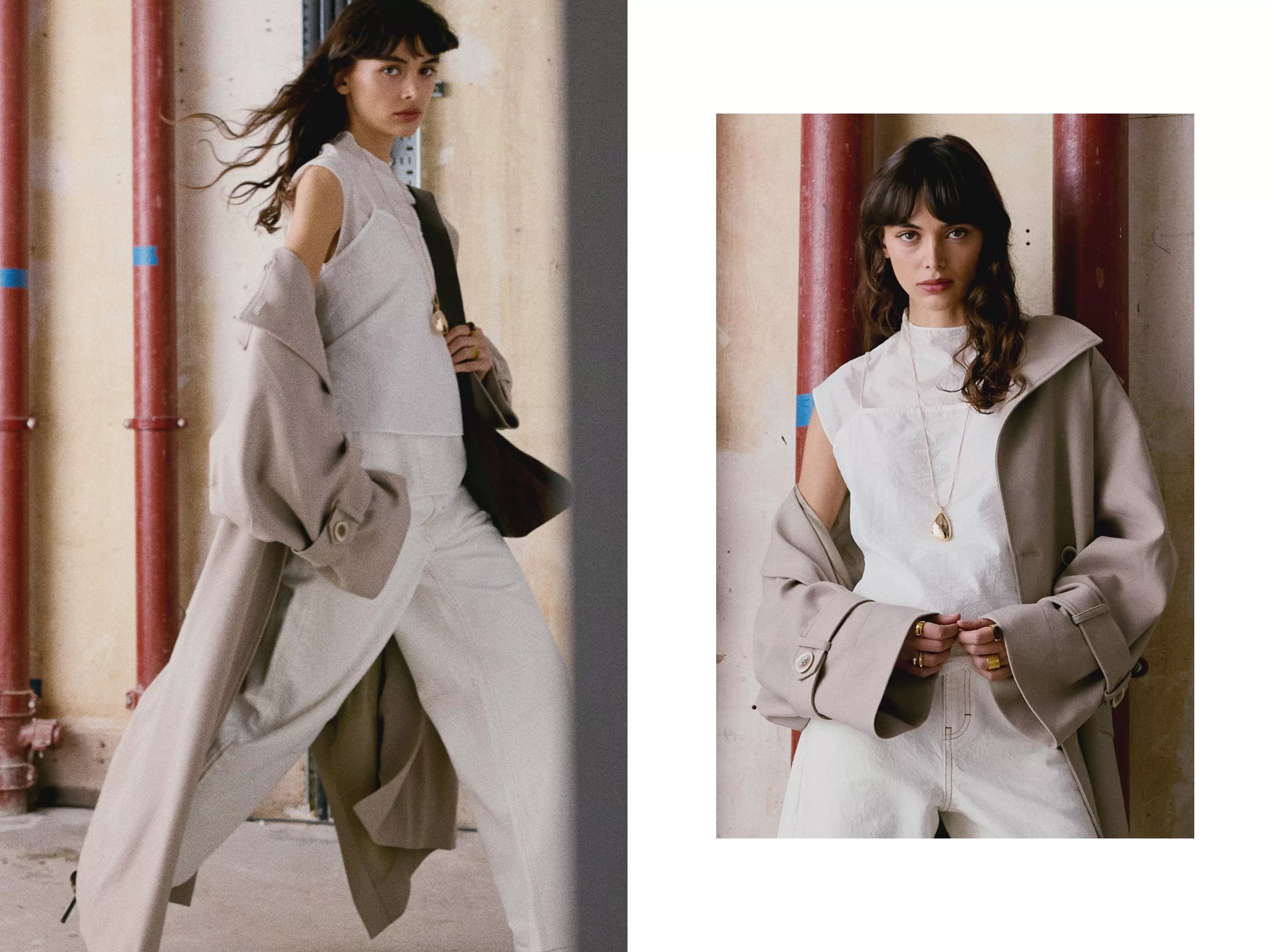 Fashionable outfit with beige coat and white ensemble, complemented by gold jewellery.