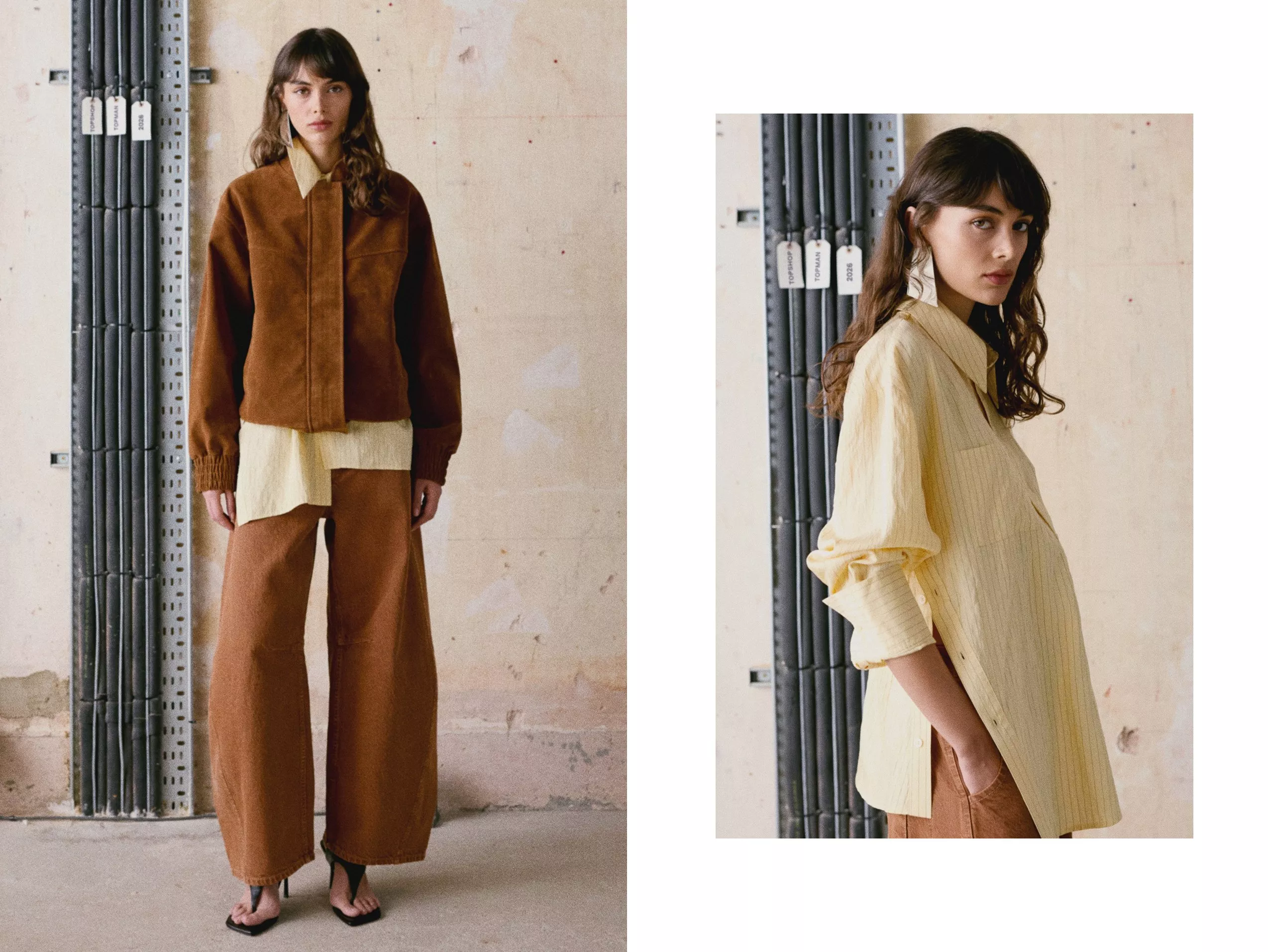 A model showcases a brown suede jacket and wide-leg trousers, paired with a light yellow shirt.
