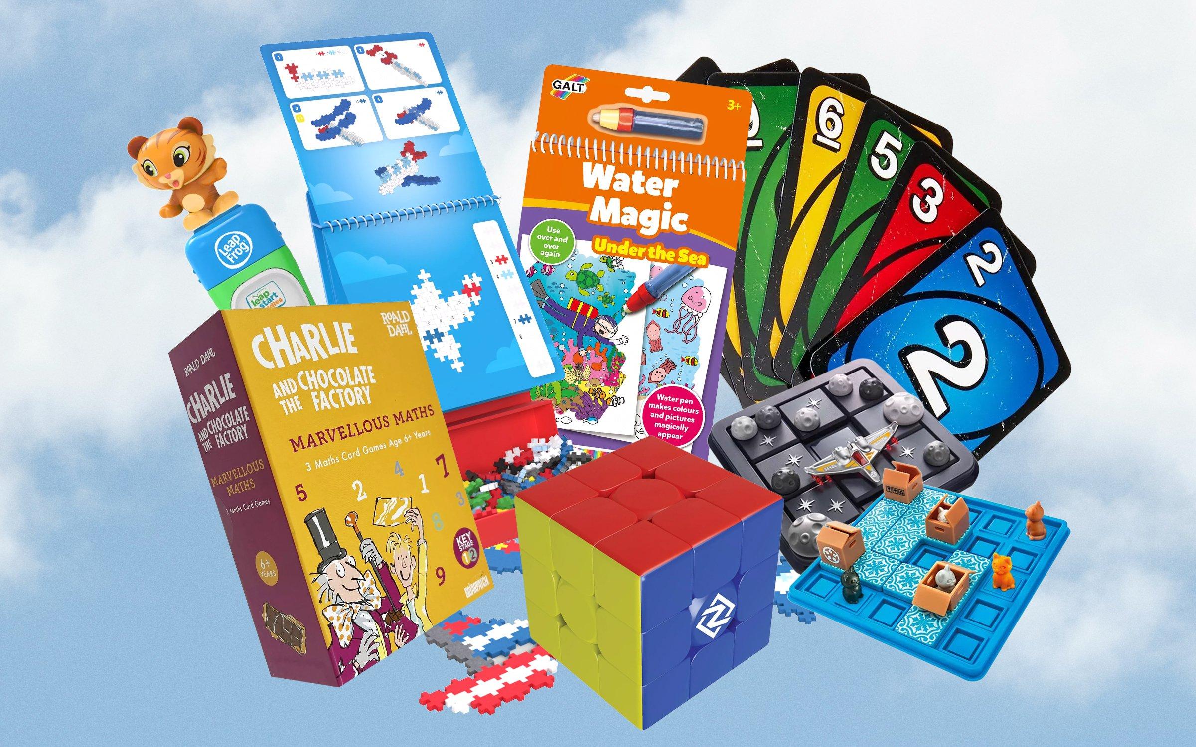 various kids toys on a blue sky backround