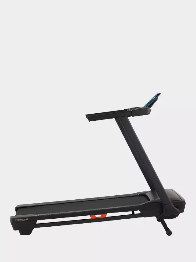 Side view of black home treadmill with console display, folding frame and running belt, fitness equipment