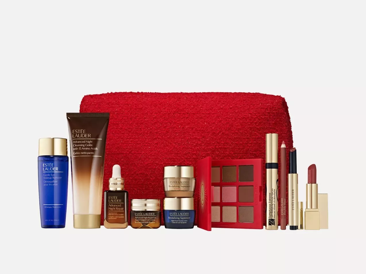 Estée Lauder beauty gift set with red cosmetics bag, skincare minis, eyeshadow palette, mascara and lipstick