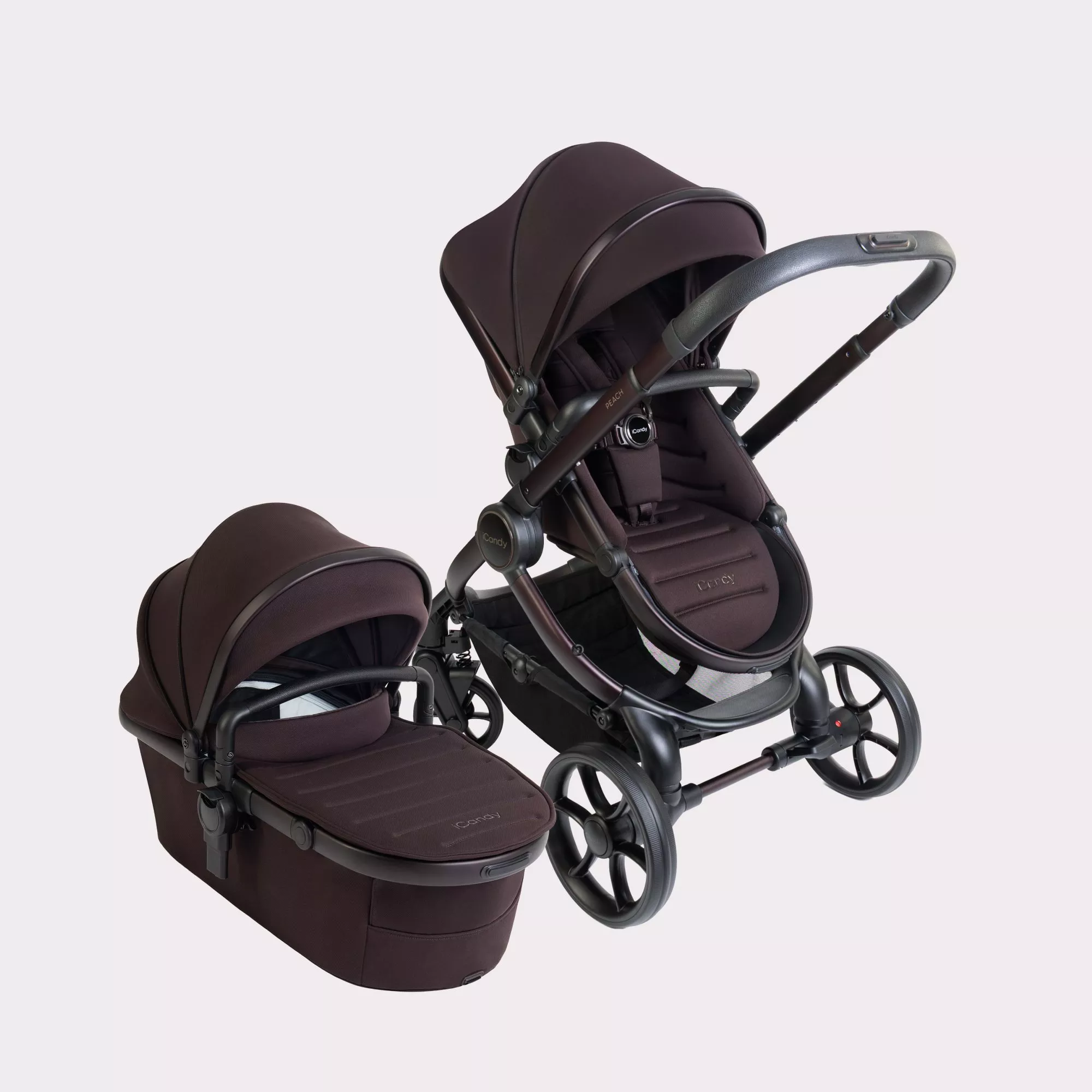 iCandy Peach pushchair and carrycot travel system in dark brown, with hood, seat unit and large wheels