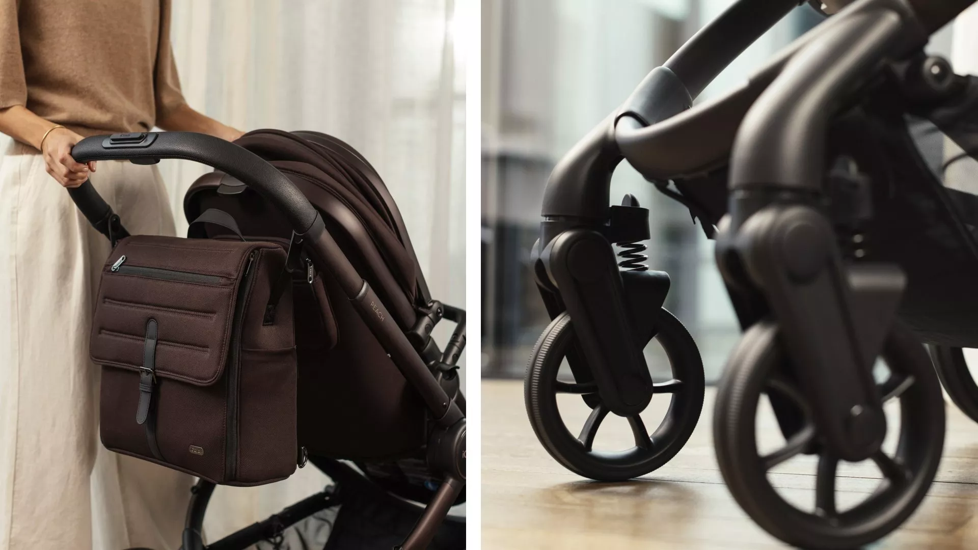 Parent pushing luxury baby pushchair with organiser changing bag; close-up of smooth wheels and suspension indoors