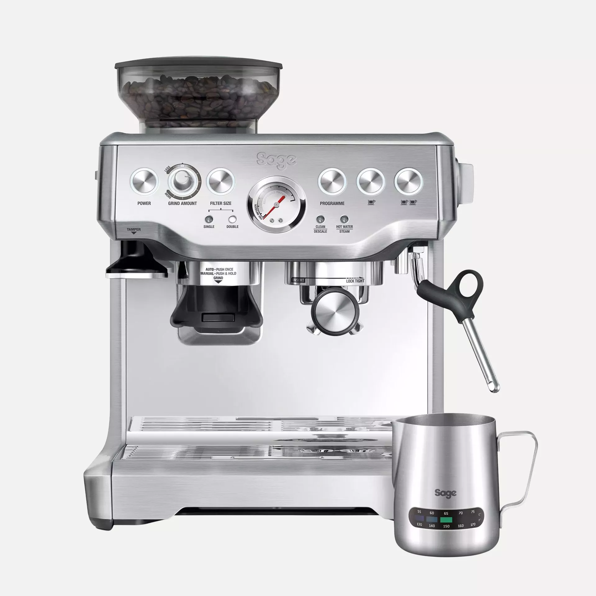Stainless steel Sage espresso machine with built-in grinder, steam wand and milk jug for home barista coffee