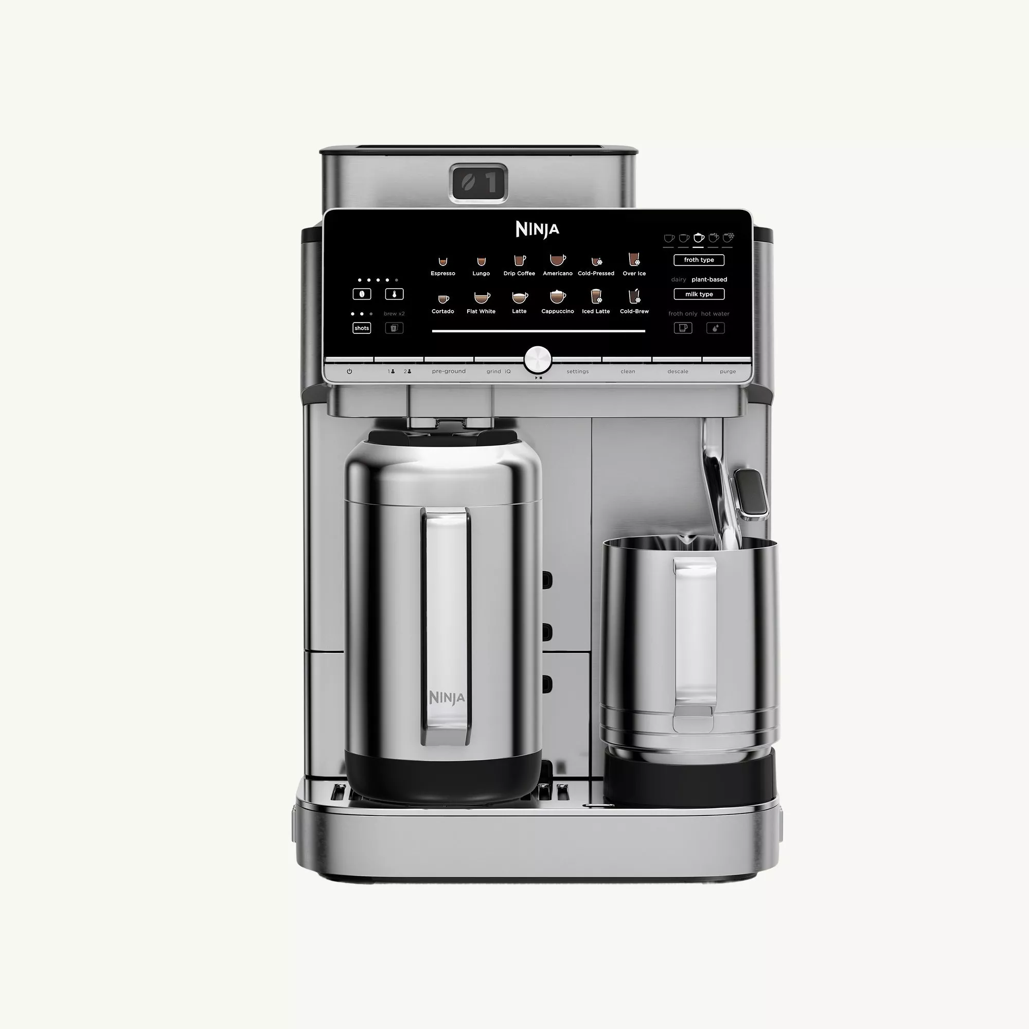 Ninja espresso and coffee machine with built-in grinder, milk frother jug and touchscreen control panel, silver finish