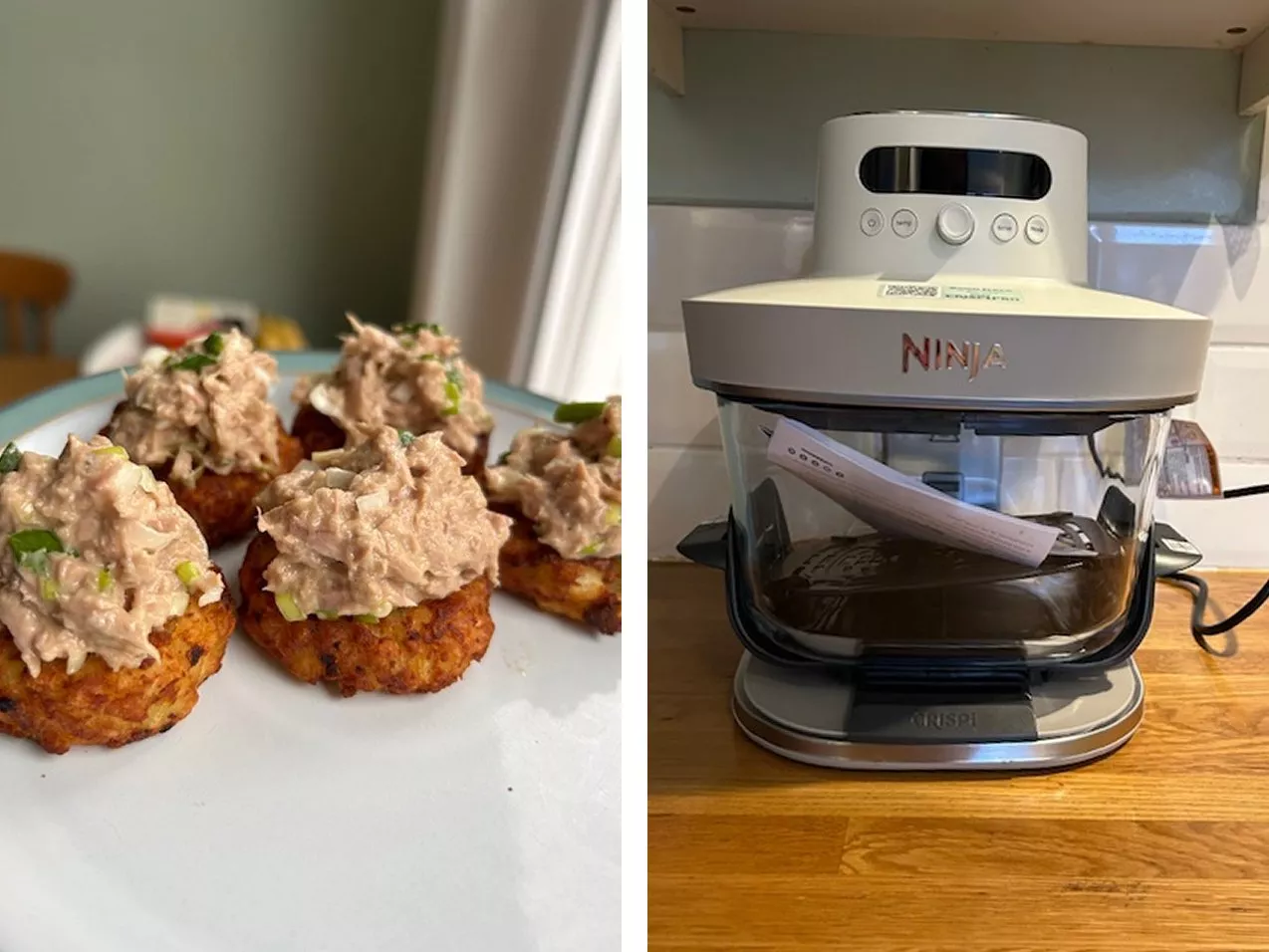 Tuna salad-topped croquettes on plate beside Ninja kitchen appliance on wooden worktop in home kitchen.