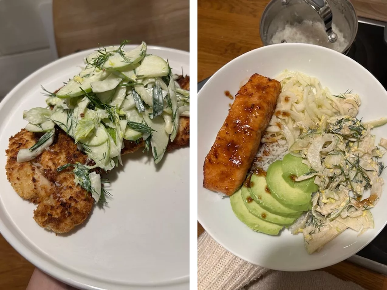 Salmon with creamy fennel and cucumber salad, served with rice and sliced avocado in a bowl