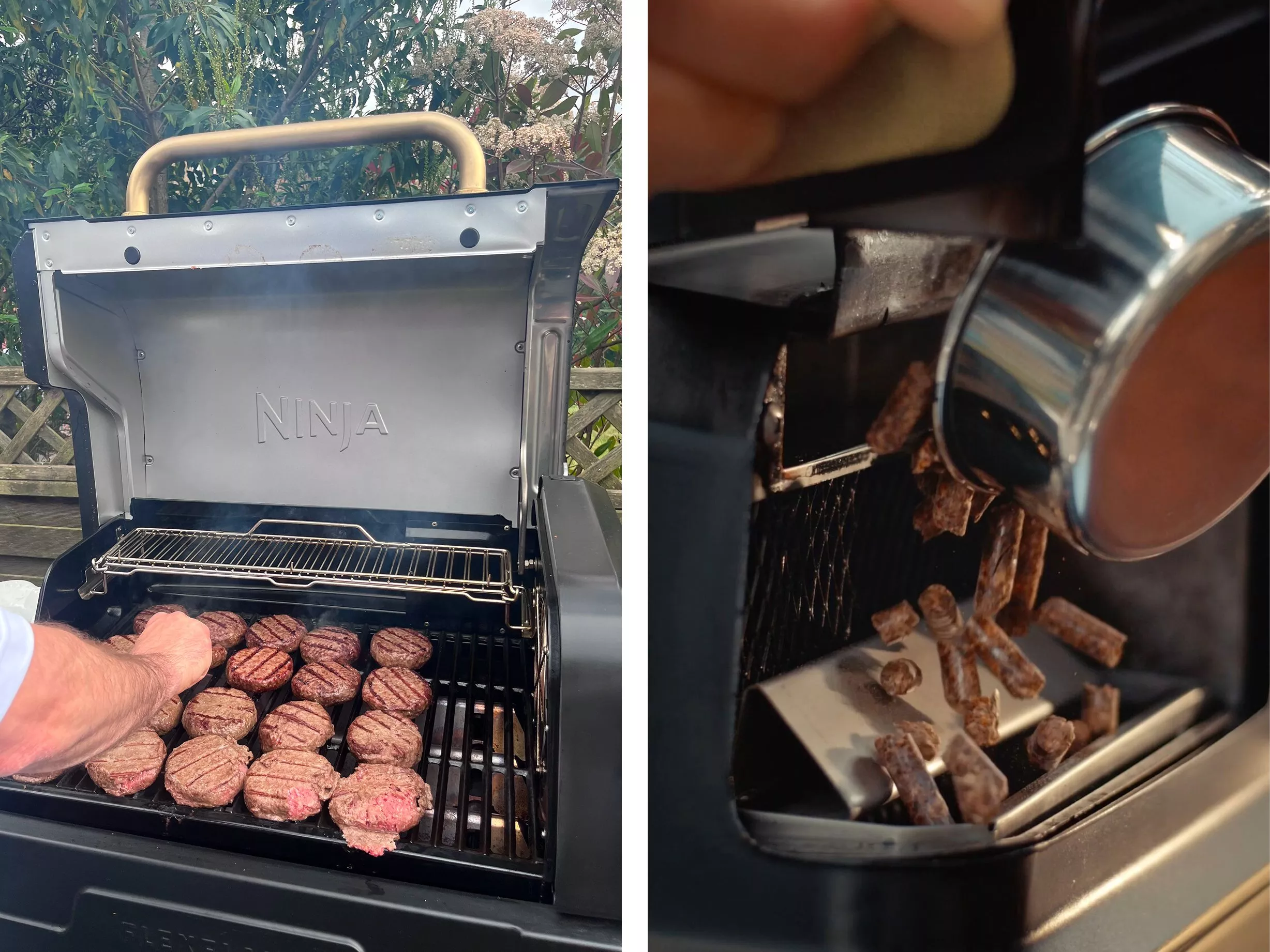 Ninja outdoor gas barbecue grilling burgers, with close-up of wood pellets being poured into the smoker box