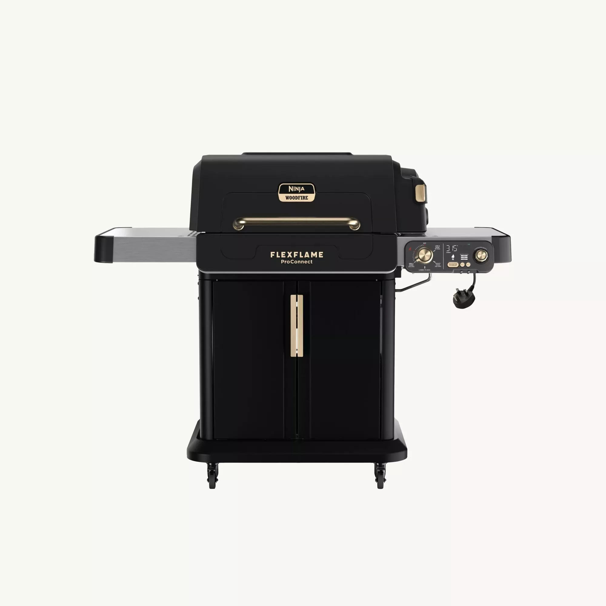 Ninja Woodfire FlexFlame ProConnect outdoor electric BBQ grill with side shelves and digital controls, front view