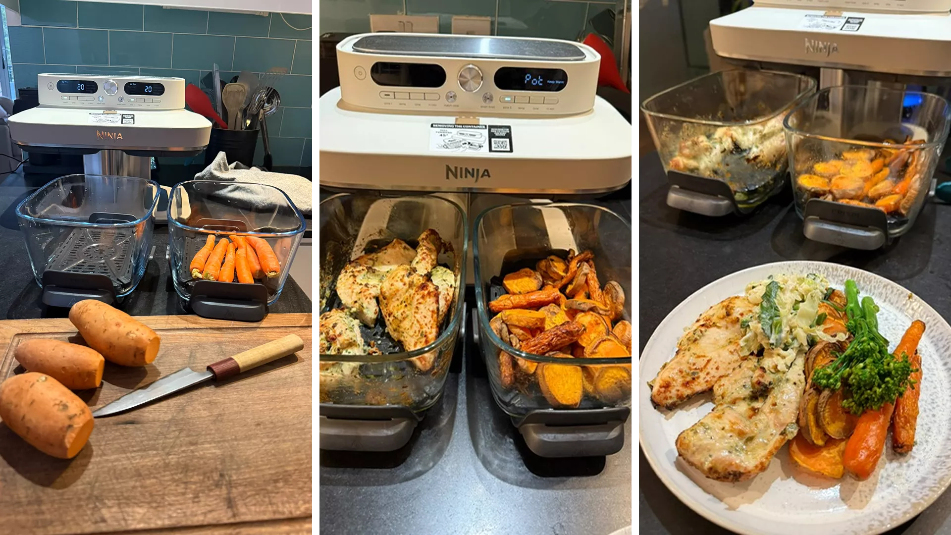 Ninja air fryer meal prep with chicken breast, sweet potato wedges and carrots, plus plated dinner with greens