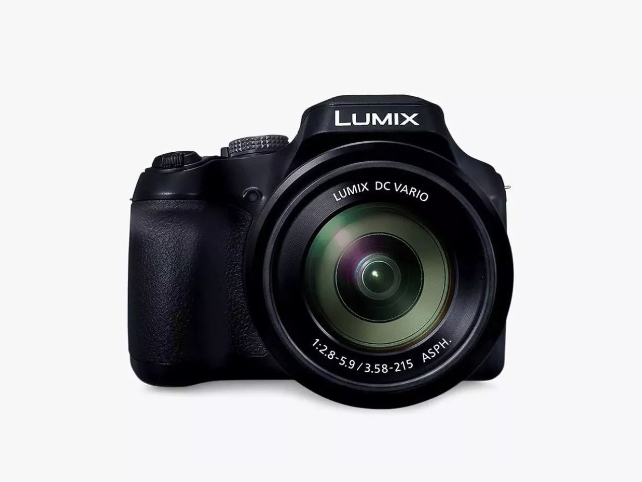 Front view of Panasonic Lumix bridge digital camera with zoom lens, isolated on white background for product shot