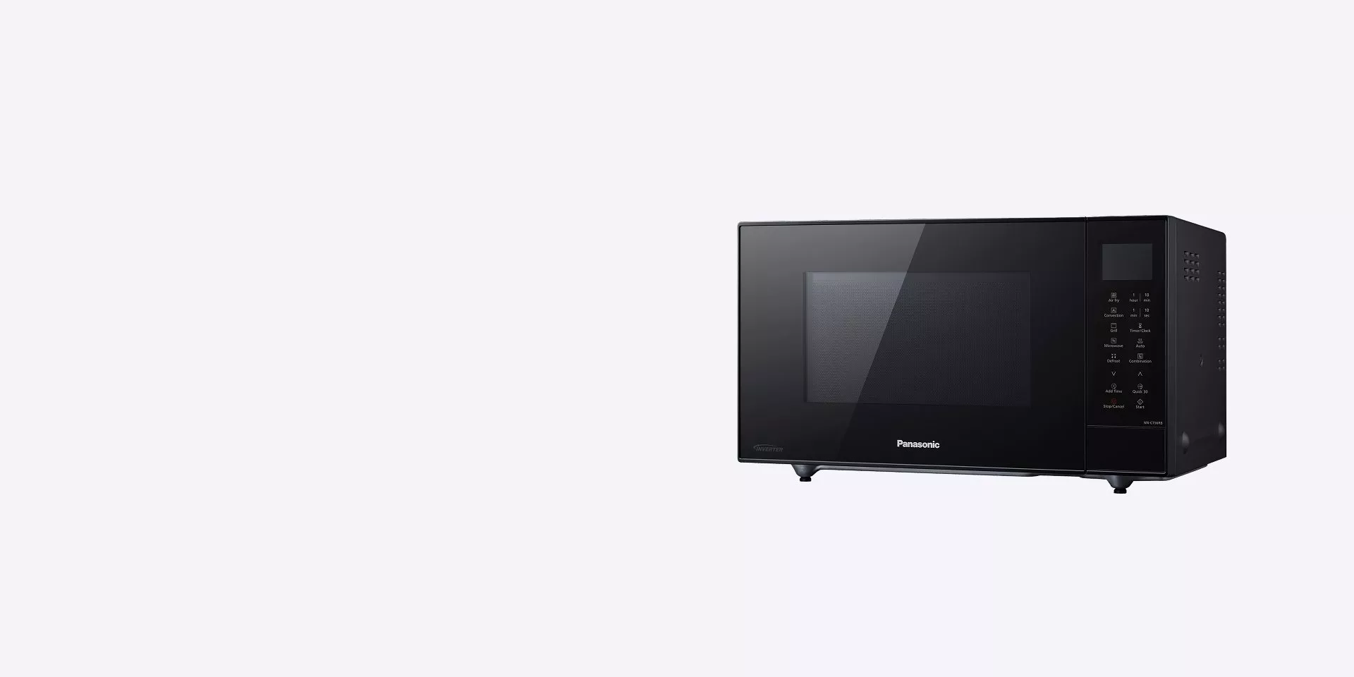 Black Panasonic countertop microwave oven with touch control panel, front glass door, on white background