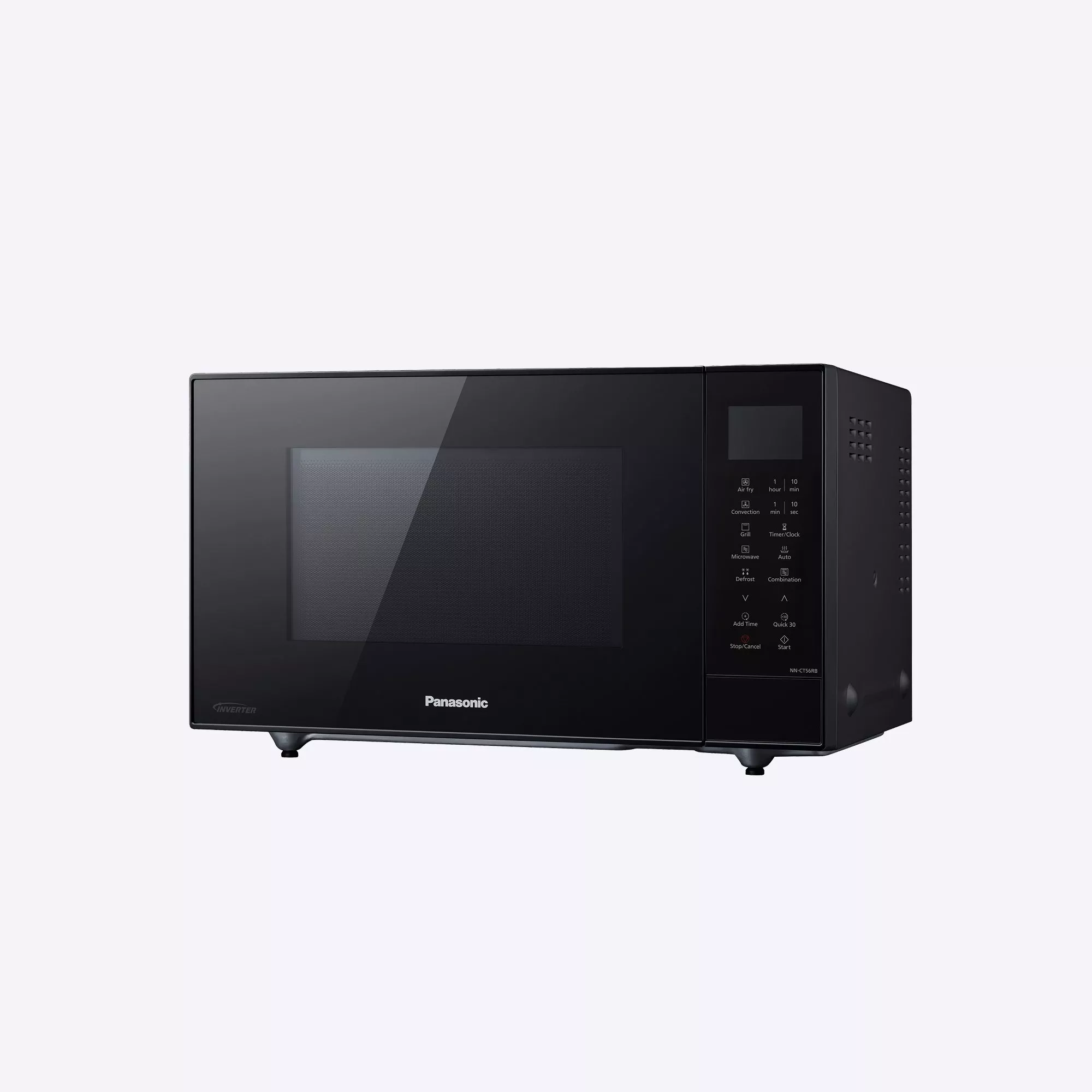 Black Panasonic microwave oven with touch control panel, front glass door, and sleek countertop design.