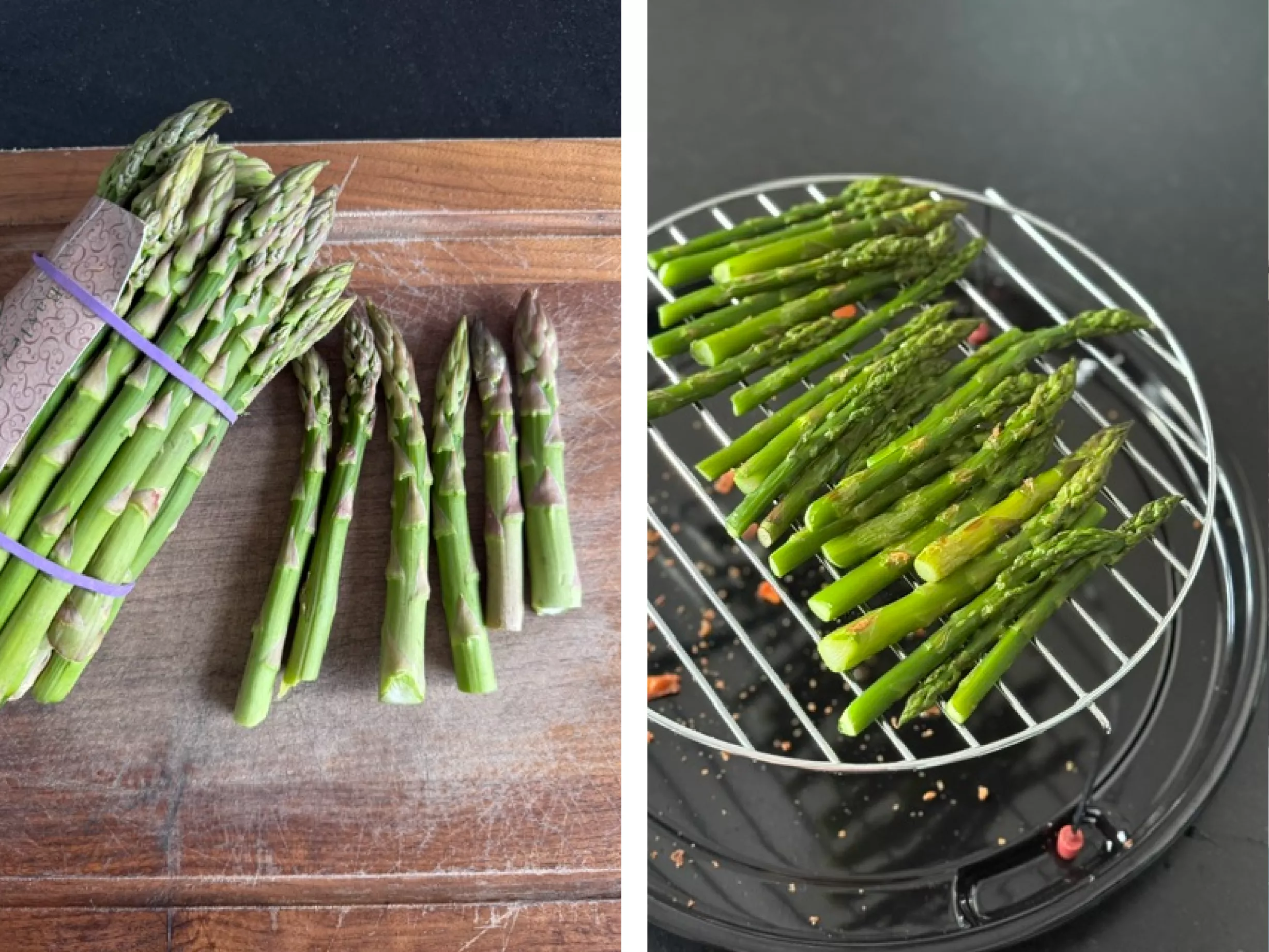 Fresh asparagus spears on a chopping board beside grilled asparagus on a rack, easy healthy side dish.