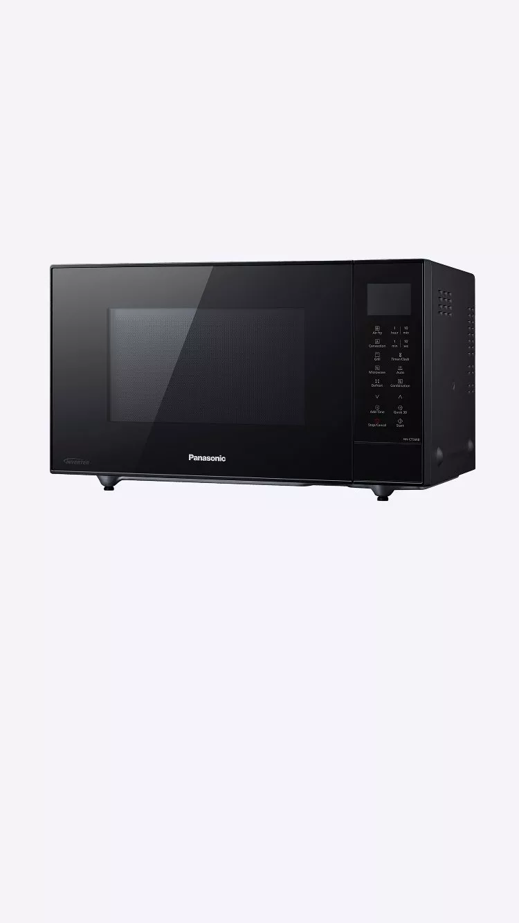 Black Panasonic countertop microwave oven with touch controls and glass door, front view on white background