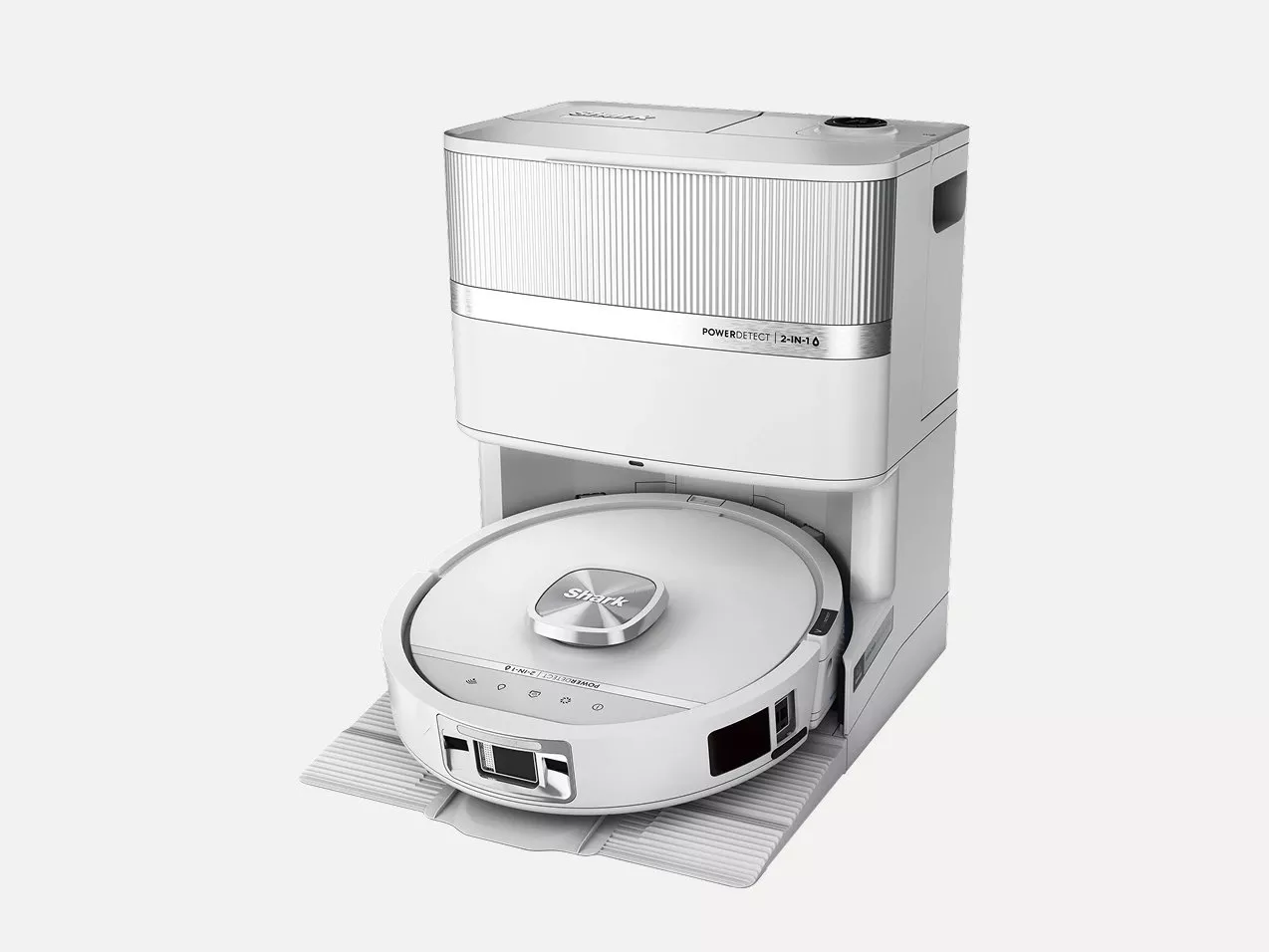 Shark robot vacuum and mop with self-emptying base station, smart home floor cleaning appliance in white