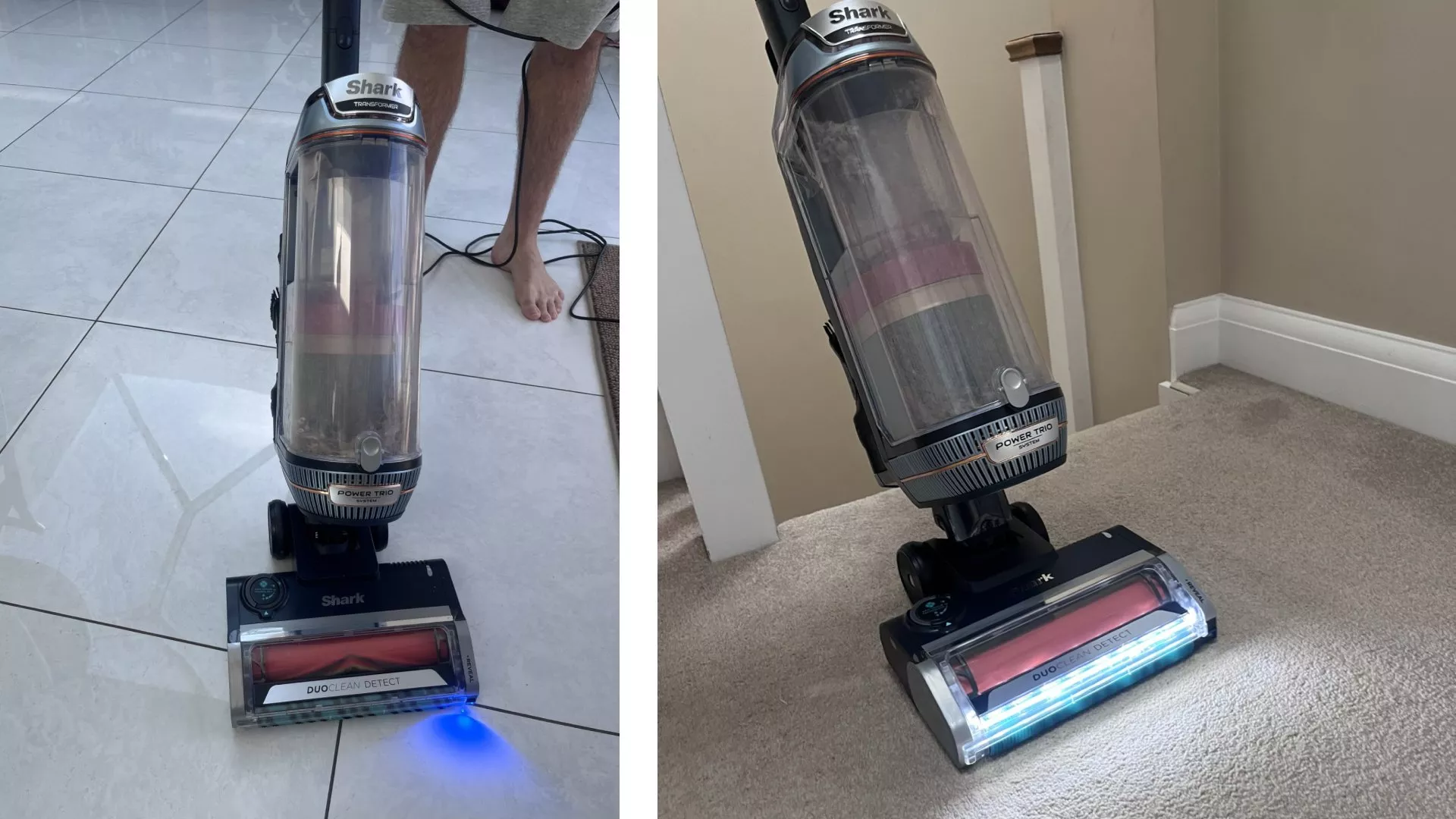Shark upright vacuum cleaner on tiled floor and carpet, showing DuoClean Detect head and dust canister close-up