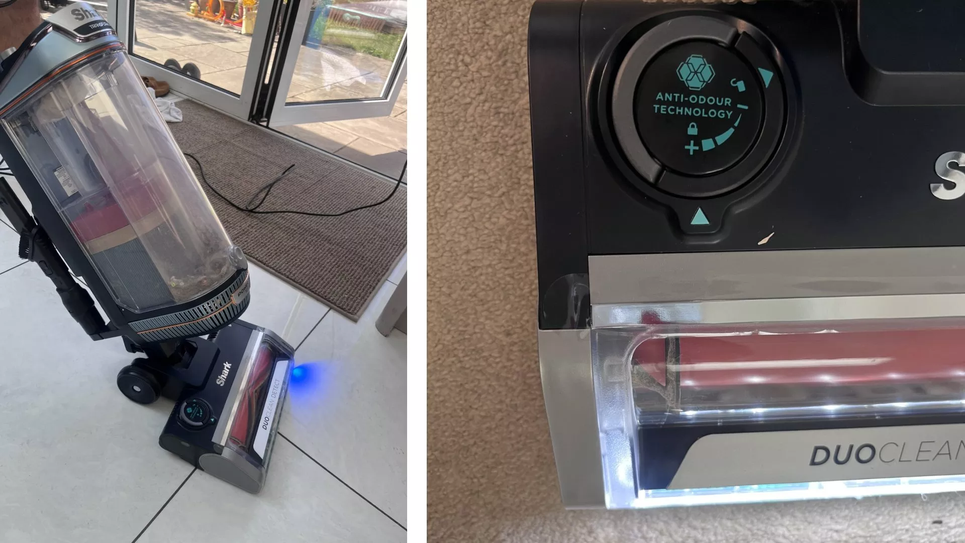 Shark upright vacuum cleaner with DuoClean floorhead and anti-odour control dial shown in close-up view