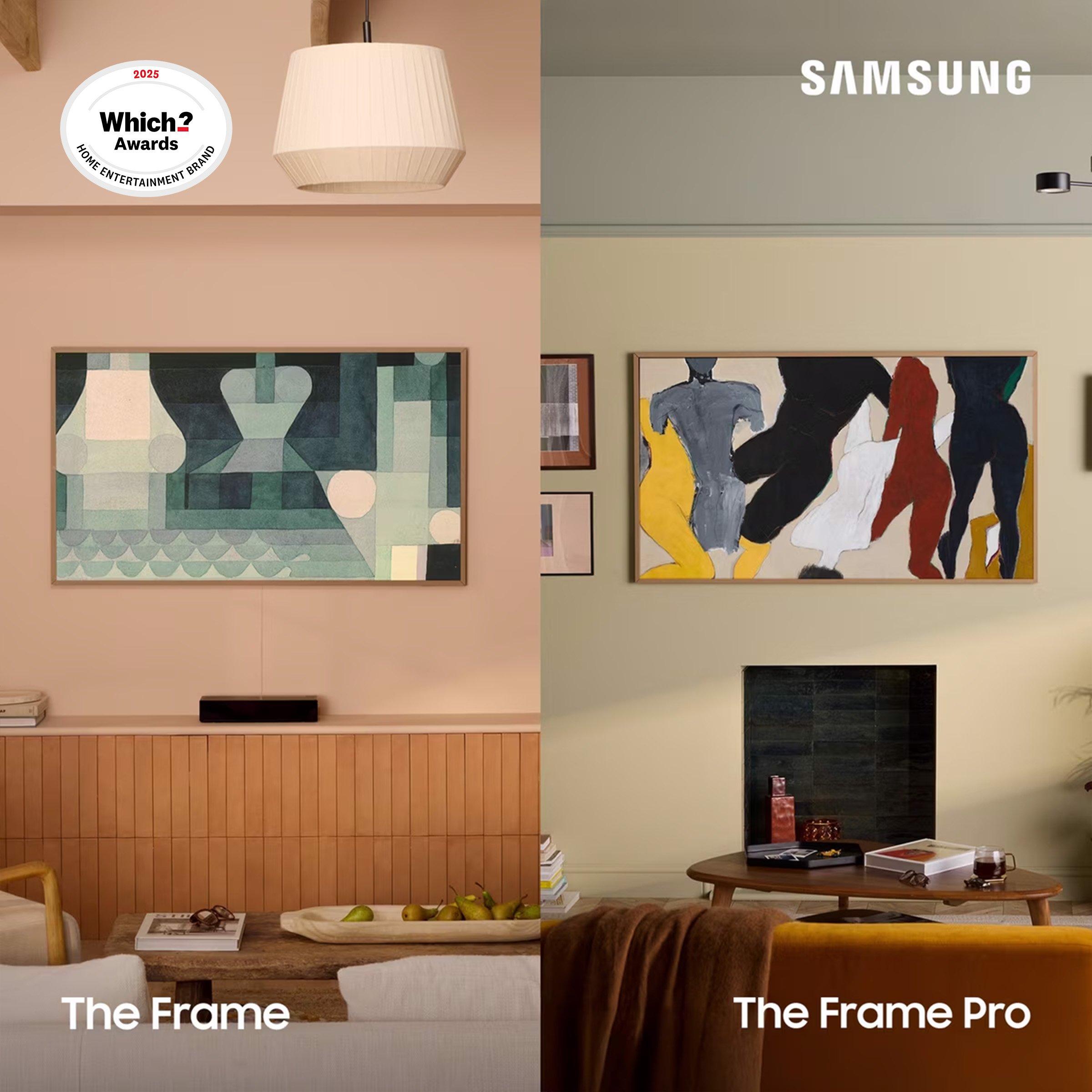 diptych of two lounges both featuring samsung frame TVs as an art piece