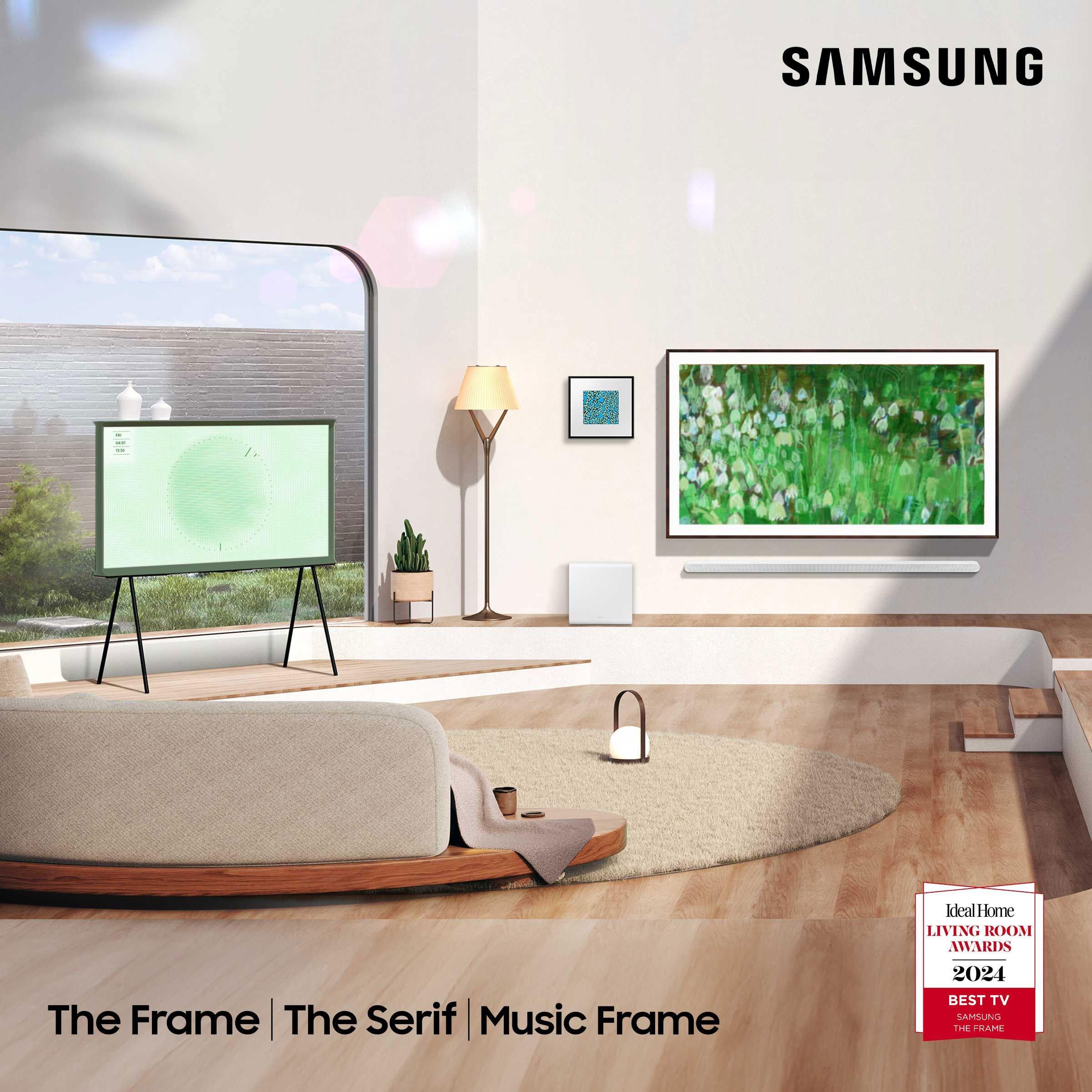 Samsung The Frame TV mounted on a wall, in a modern scandie inspired room