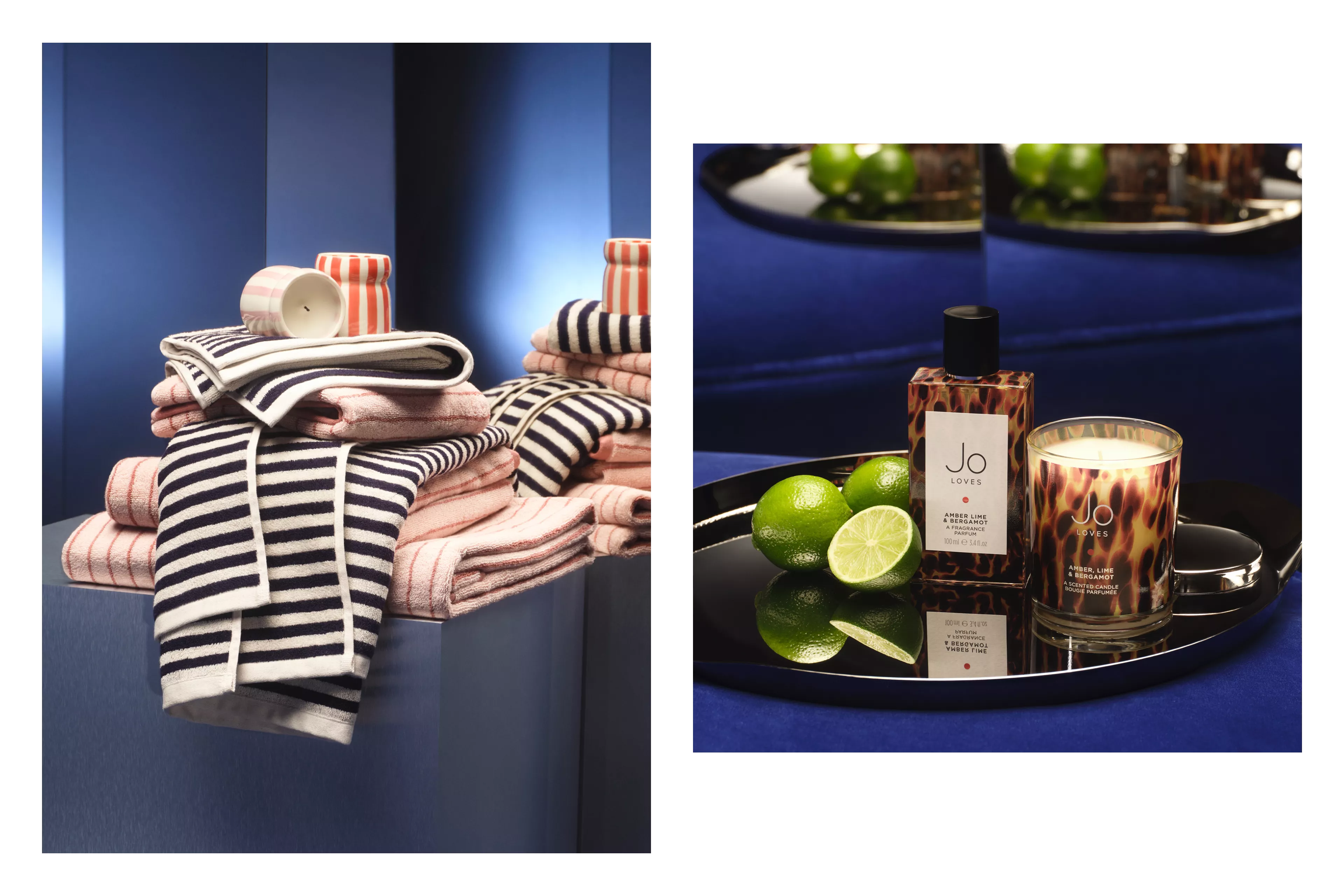 First image displaying striped towels against a mirror backdrop, and second image of Jo Loves perfume and candle