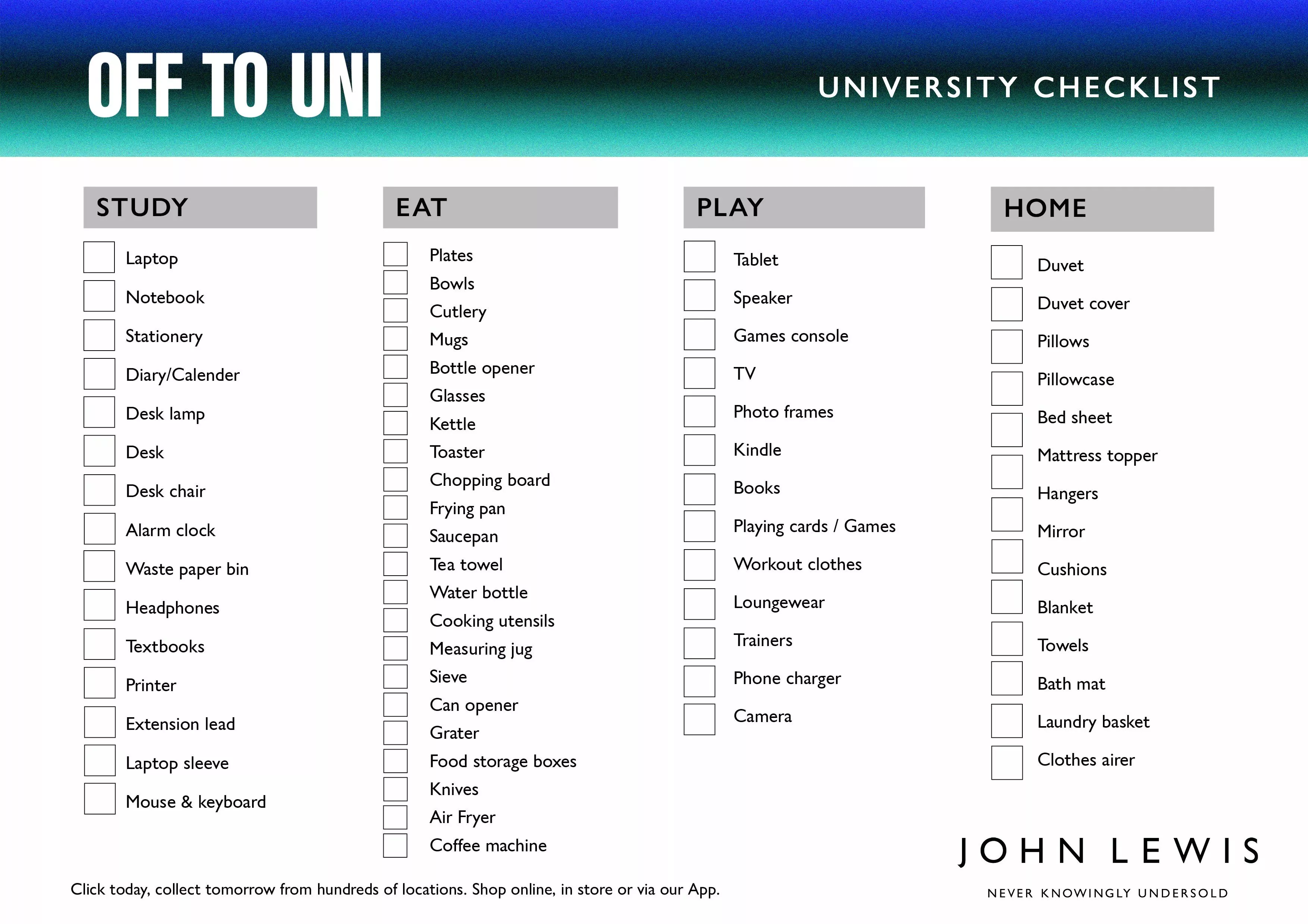 Off to uni university checklist poster with study, eat, play and home packing essentials by John Lewis