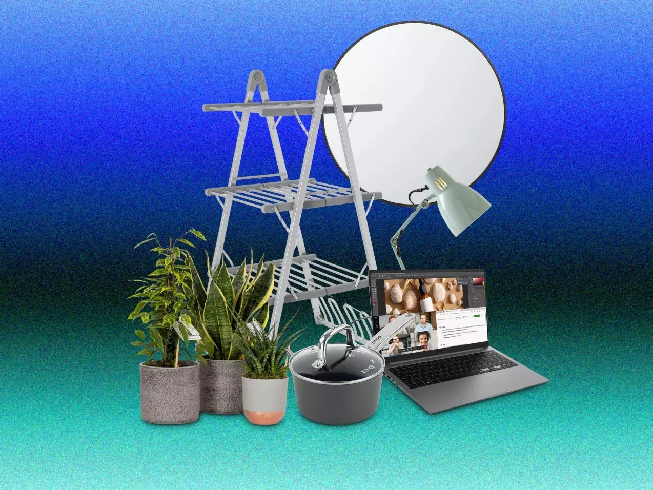 Collage of home essentials: folding clothes airer, round mirror, desk lamp, laptop, saucepan and houseplants on blue backdrop